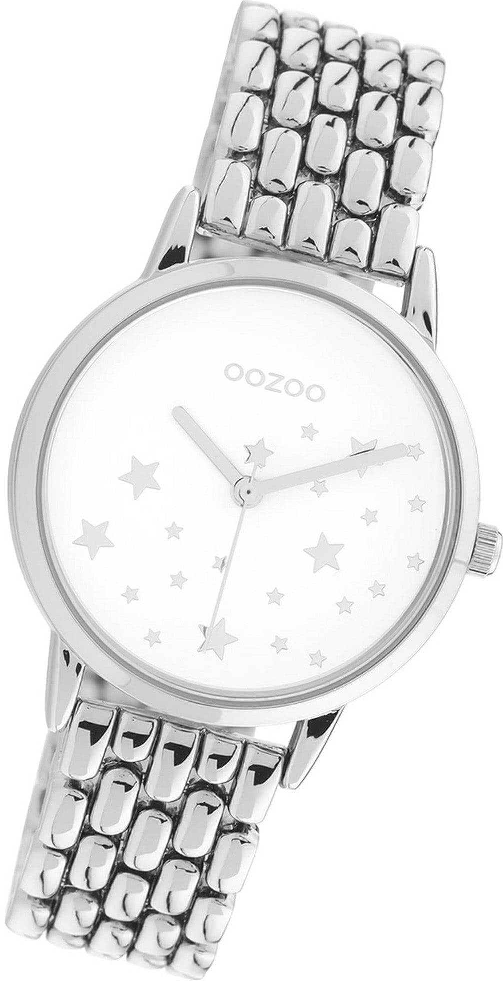 OOZOO Quarzuhr Oozoo Damen Armbanduhr Timepieces, Damenuhr Edelstahlarmband silber, rundes Gehäuse, mittel (ca. 34mm)