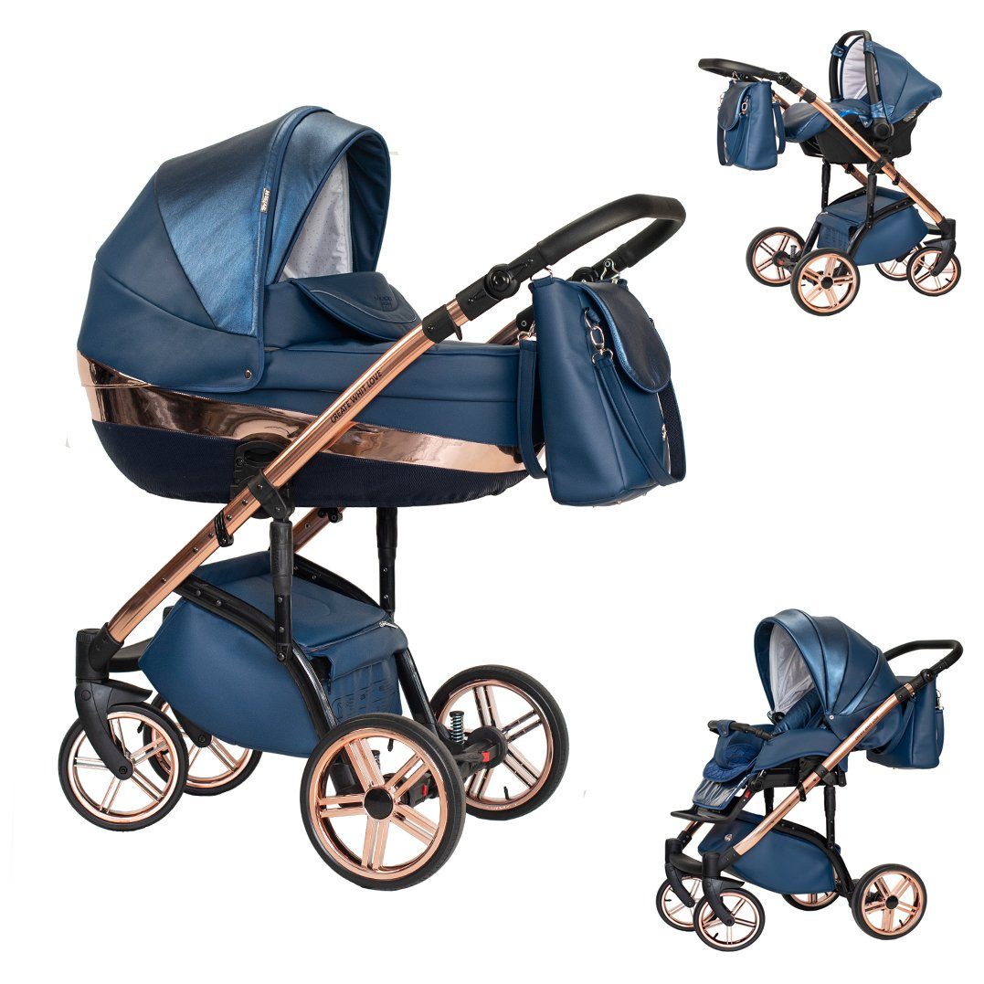 babies-on-wheels Kombi-Kinderwagen 3 in 1 Kinderwagen-Set Vip Lux - 12 Teile - in 16 Farben Blau-Kupfer