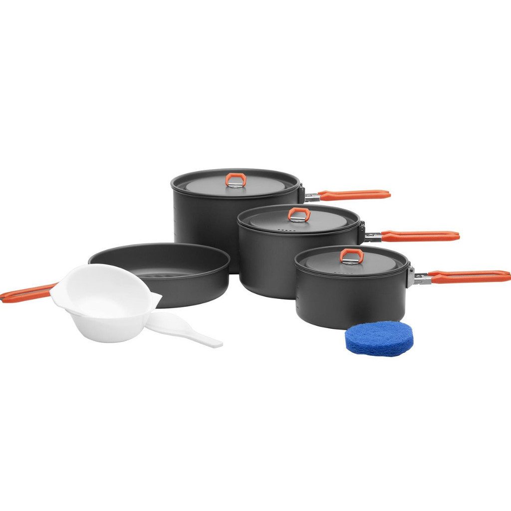 FireMaple Geschirr-Set Camping Kochgeschirr Set für 4-5 Personen, mehrteilig, orange (8-tlg), Aluminium, eloxiertes Aluminium, 1034 g, einklappbare Griffe, 4-5 Personen