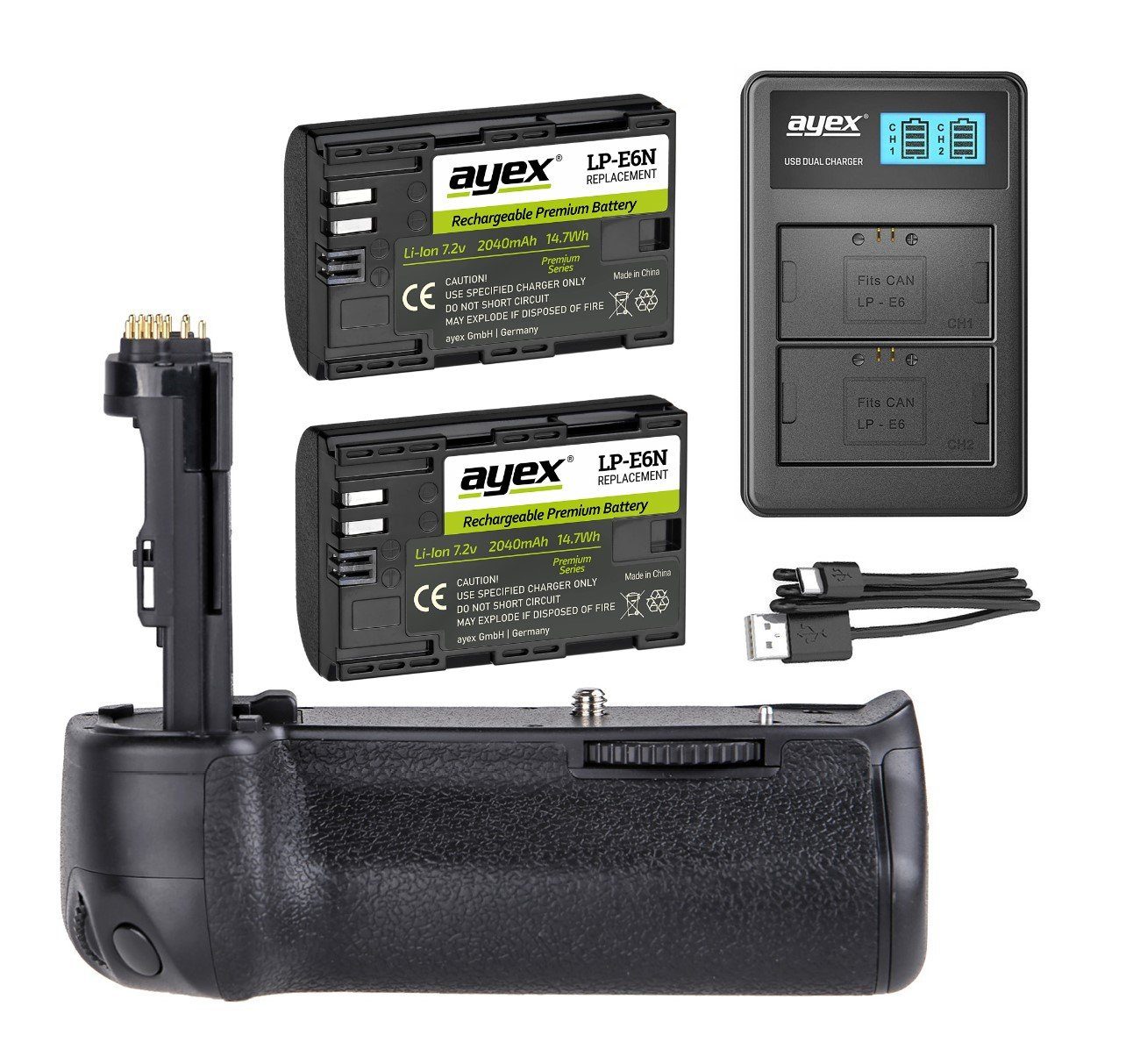 ayex Batteriegriff Batteriegriff Canon 5D Mark III + 2x LP-E6N Akku + USB Dual-Ladegerät