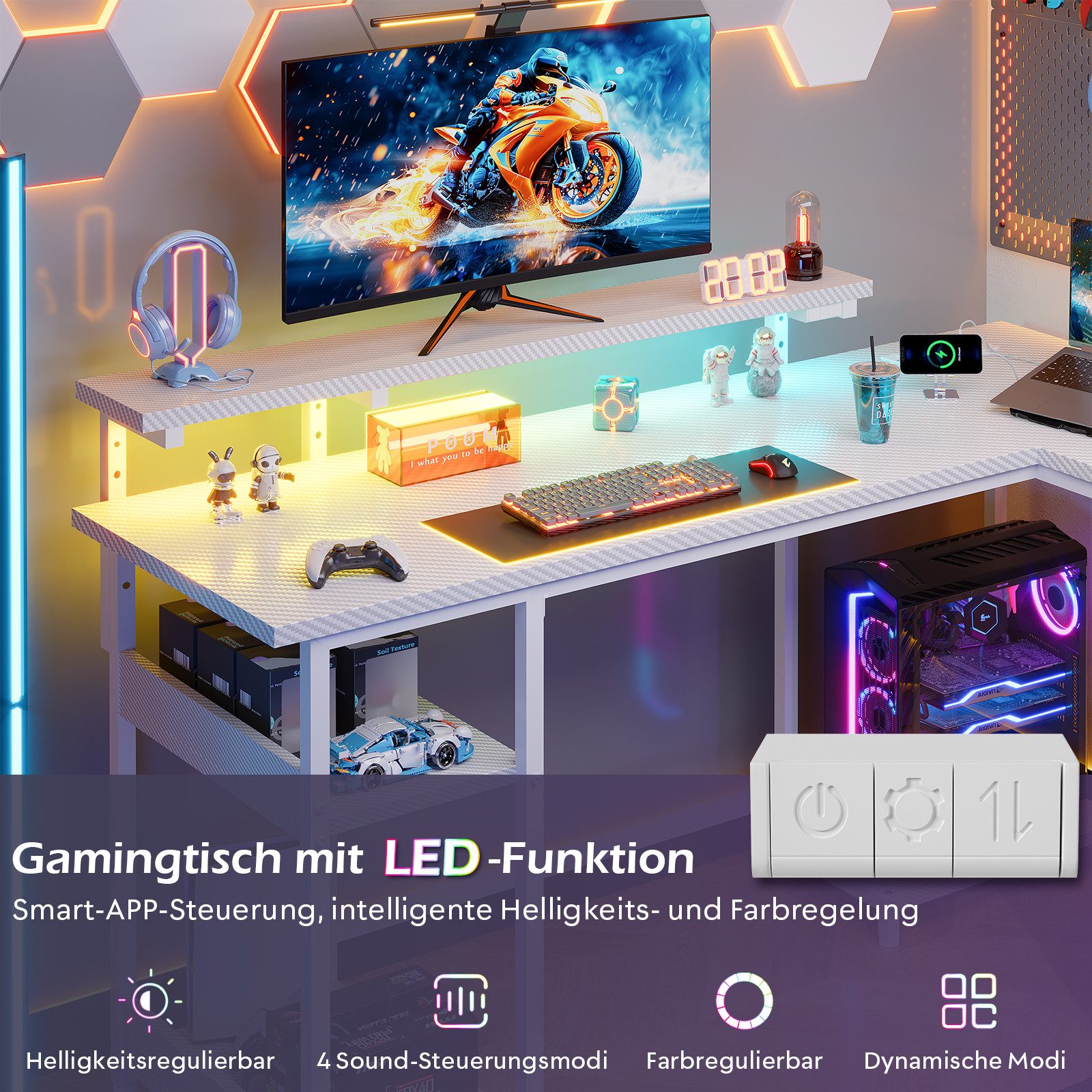 HOMALL Schreibtisch Eck-Schreibtisch, Gaming-Tisch mit Stauraum und Steckdosen (Ausgestattet mit 2 Steckdosen, 2 USB-Anschlüssen, 4 Schubladen, einer höhenverstellbaren Monitorhalterung, einer LED-Lichtleiste, 2 Einlegeböden sowie einer Halterung für den PC-Tower)