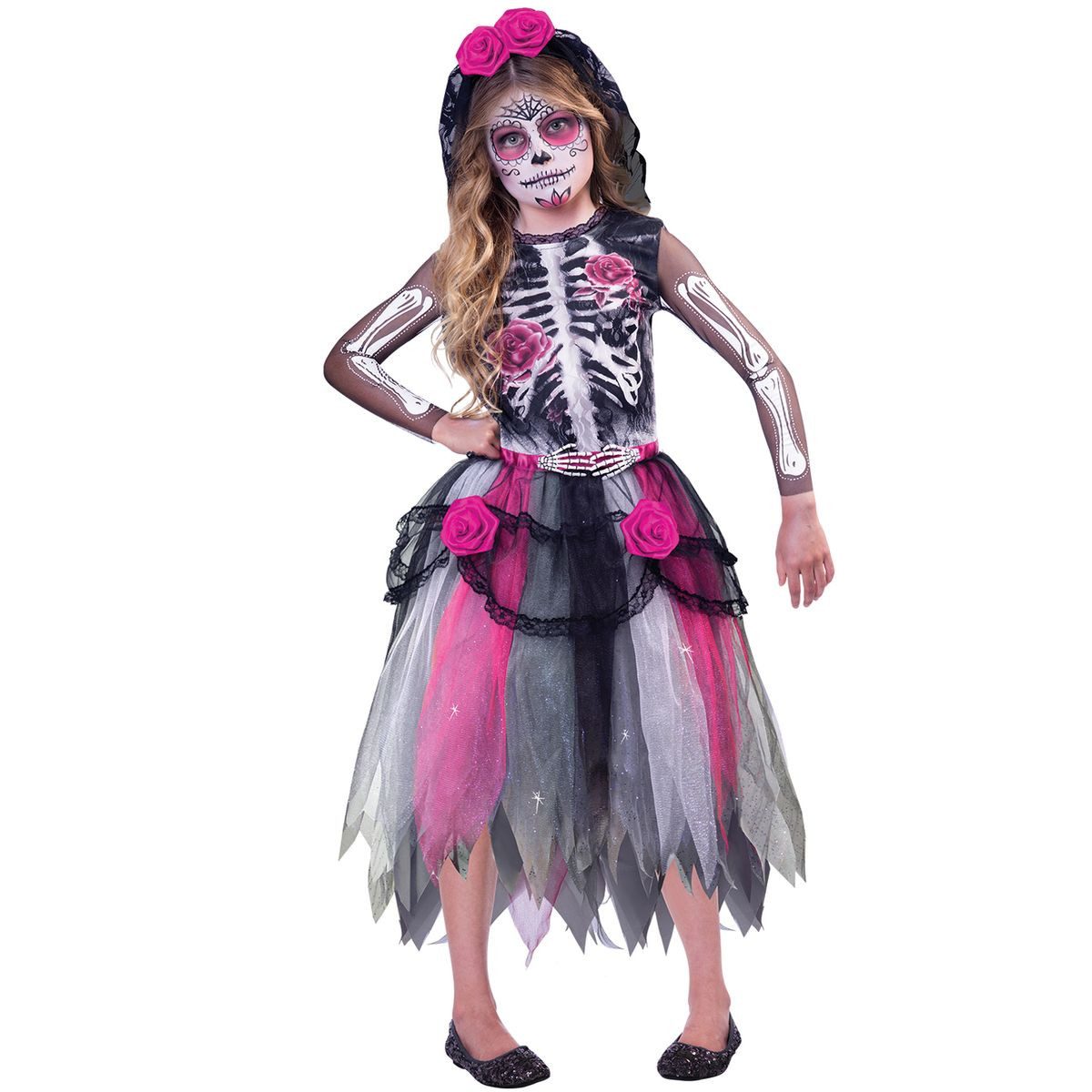 Riethmüller Kostüm La Catrina für Kinder Skelett-Kleid und Haarreif