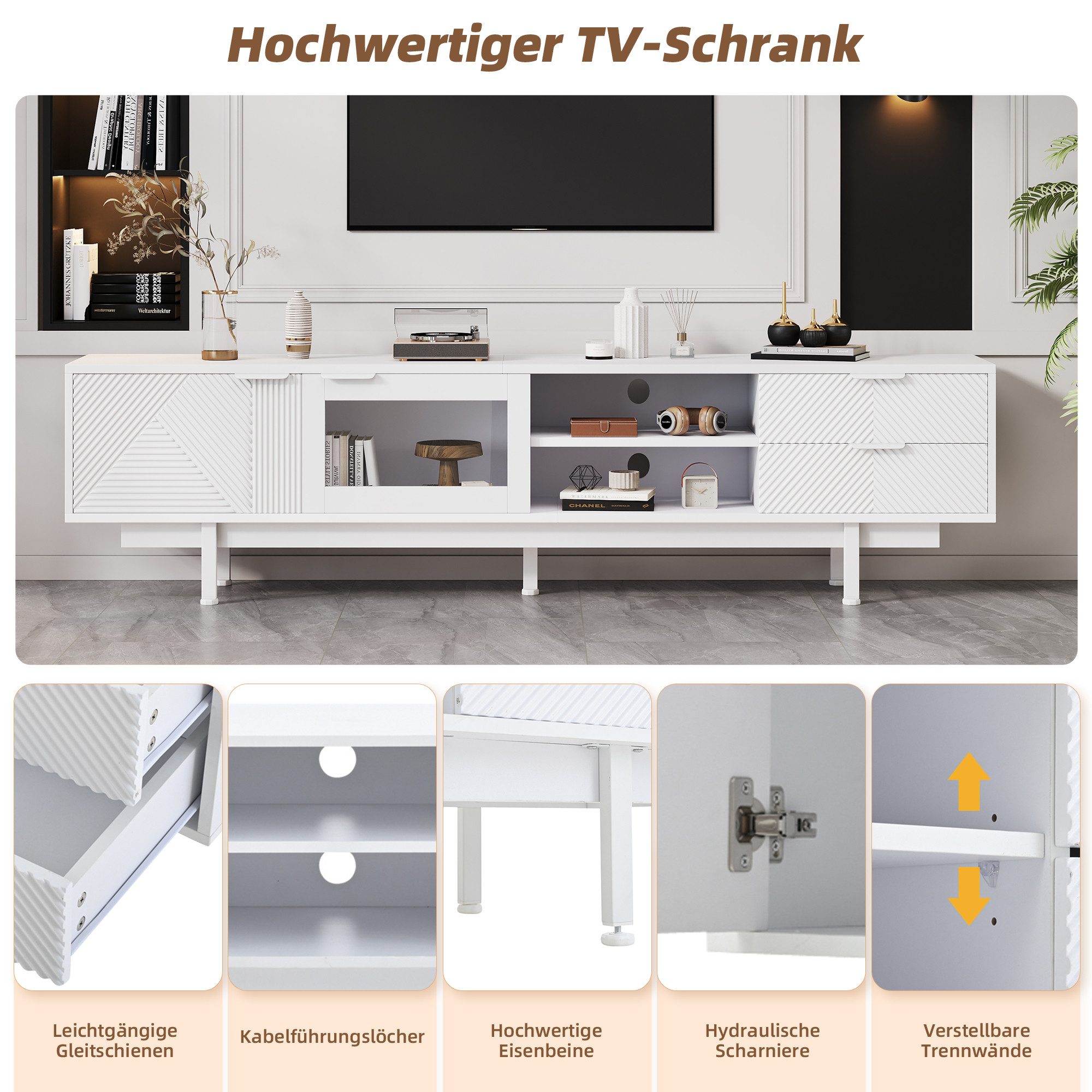 Merax Lowboard modern Fernsehschrank (1 St., Modernes TV-Möbel für 80-Zoll-Fernseher), TV-Schrank mit 2 Türen, 2 Schubladen & 3 Ebenen Stauraum,200x40x50.5cm