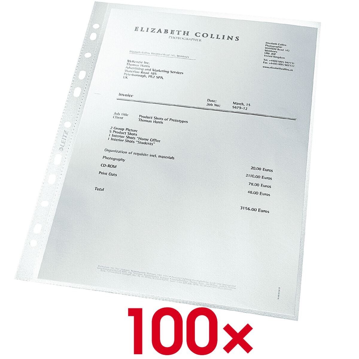 LEITZ Prospekthülle re:cycle, 100 Stück, genarbt, Format A4, 4-fach Lochung, oben offen
