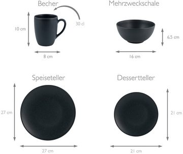 CreaTable Kombiservice Geschirr-Set Soft Touch Black (16-tlg), 4 Personen, Steinzeug, Service, schwarz, seidenmatte Glasur, 16 Teile, für 4 Personen