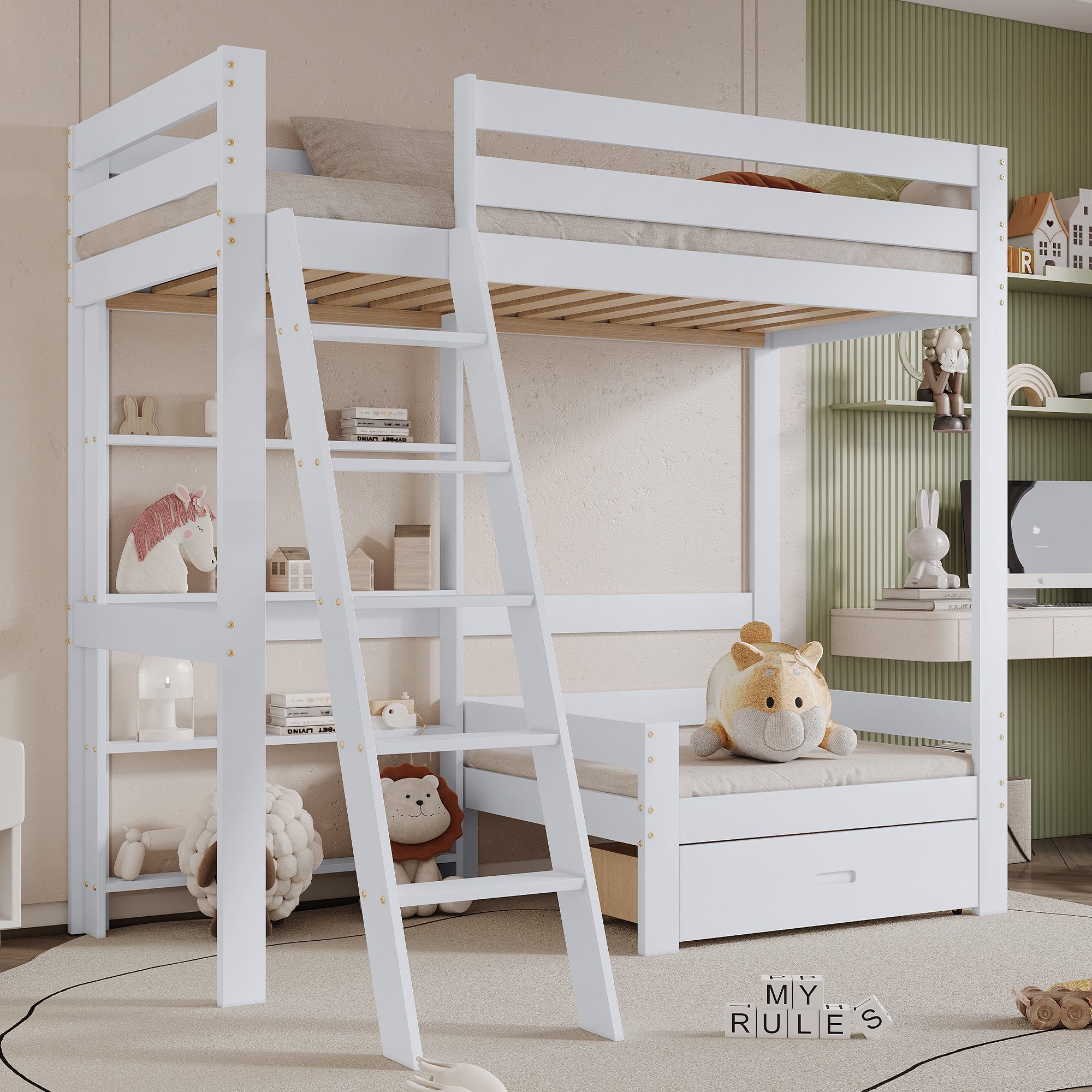 SOFTWEARY Hochbett mit Lattenrost, Einzelsofa, Schubladen, günstig online kaufen