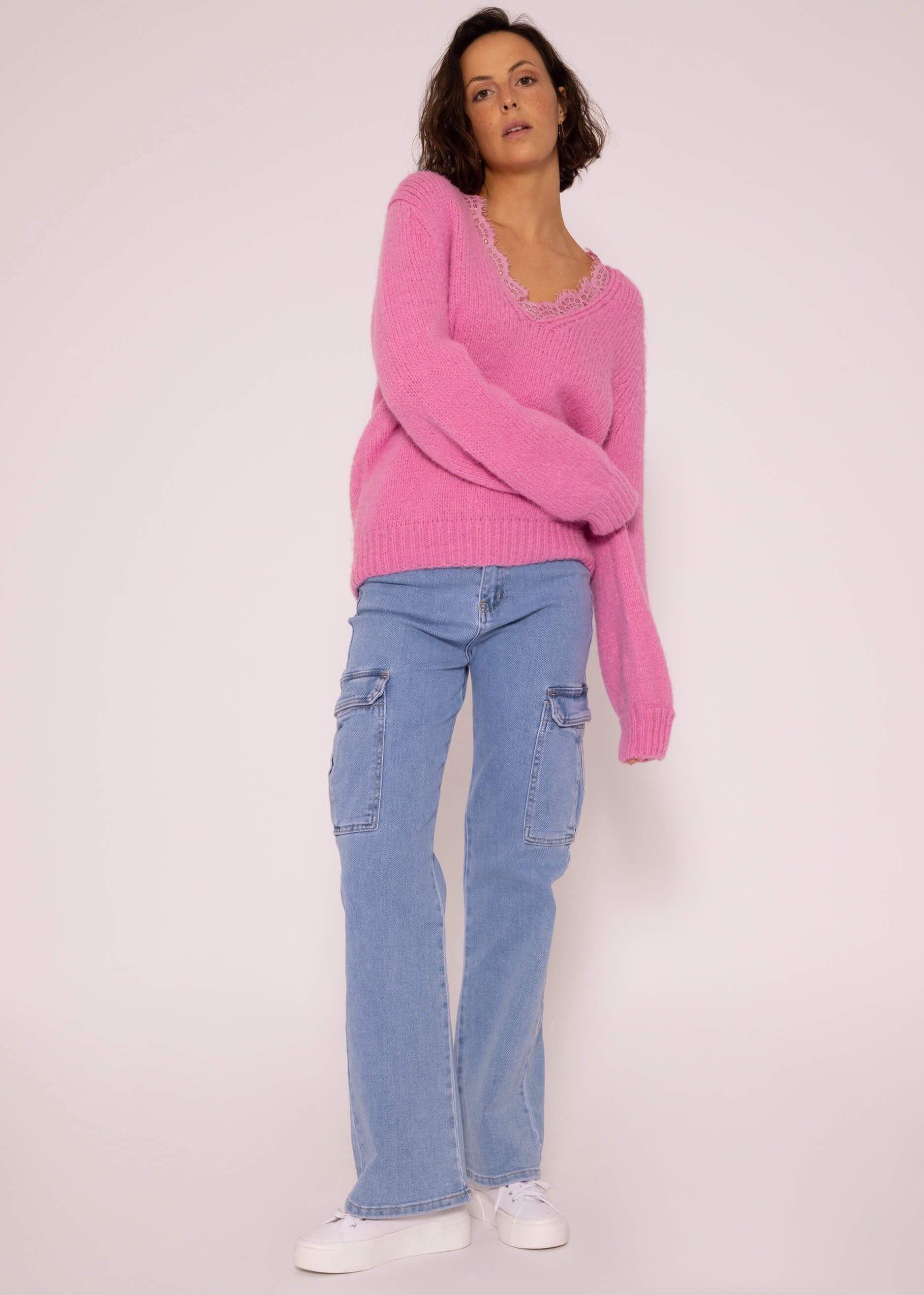 SASSYCLASSY Strickpullover Oversize Pullover Damen Lässiger Pink Strickpullover weichem Grobstrick Spitzen-Ausschnitt aus mit