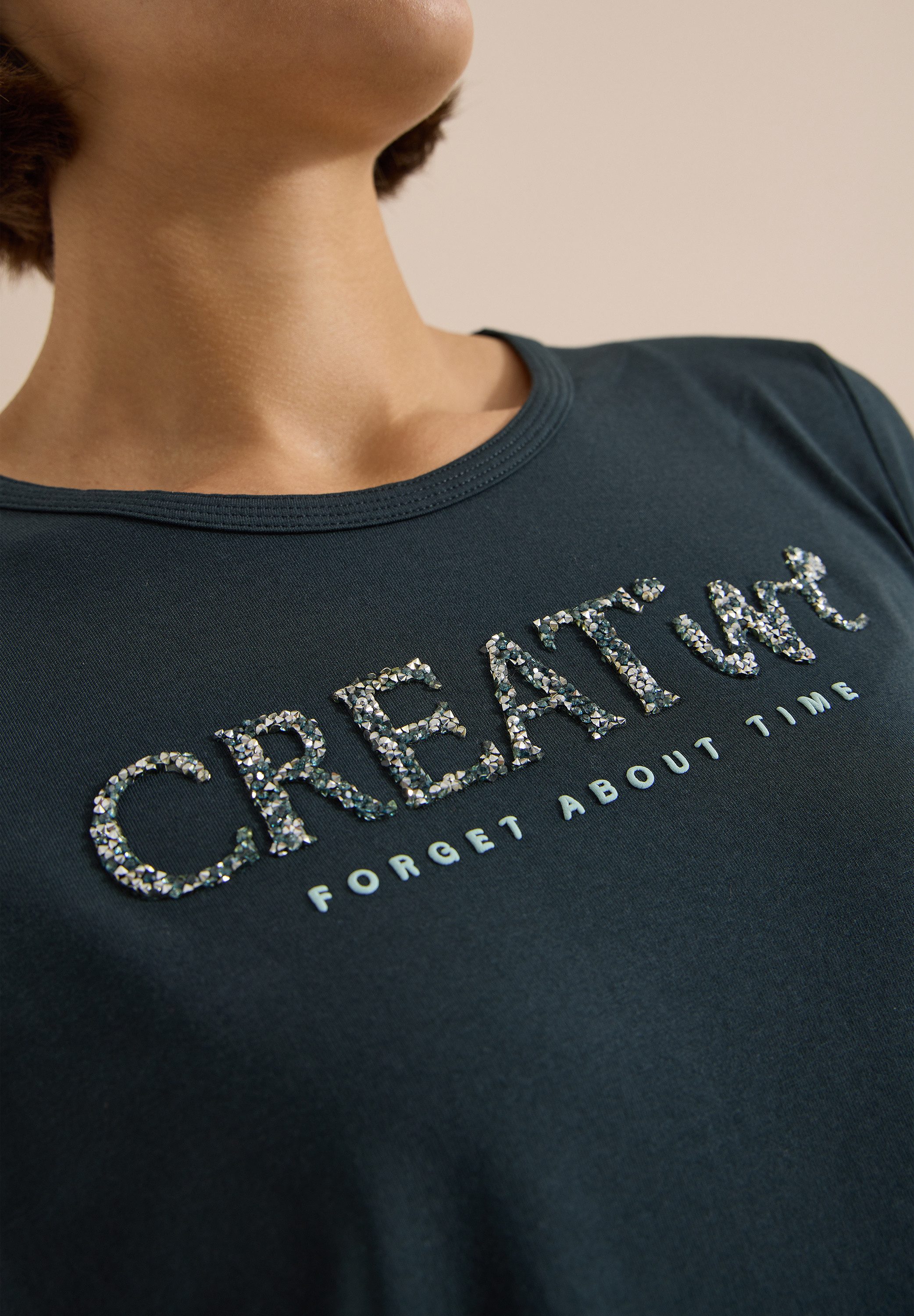 CECIL Print-Shirt Sommershirt mit Rundhals und Glitzer-Wording