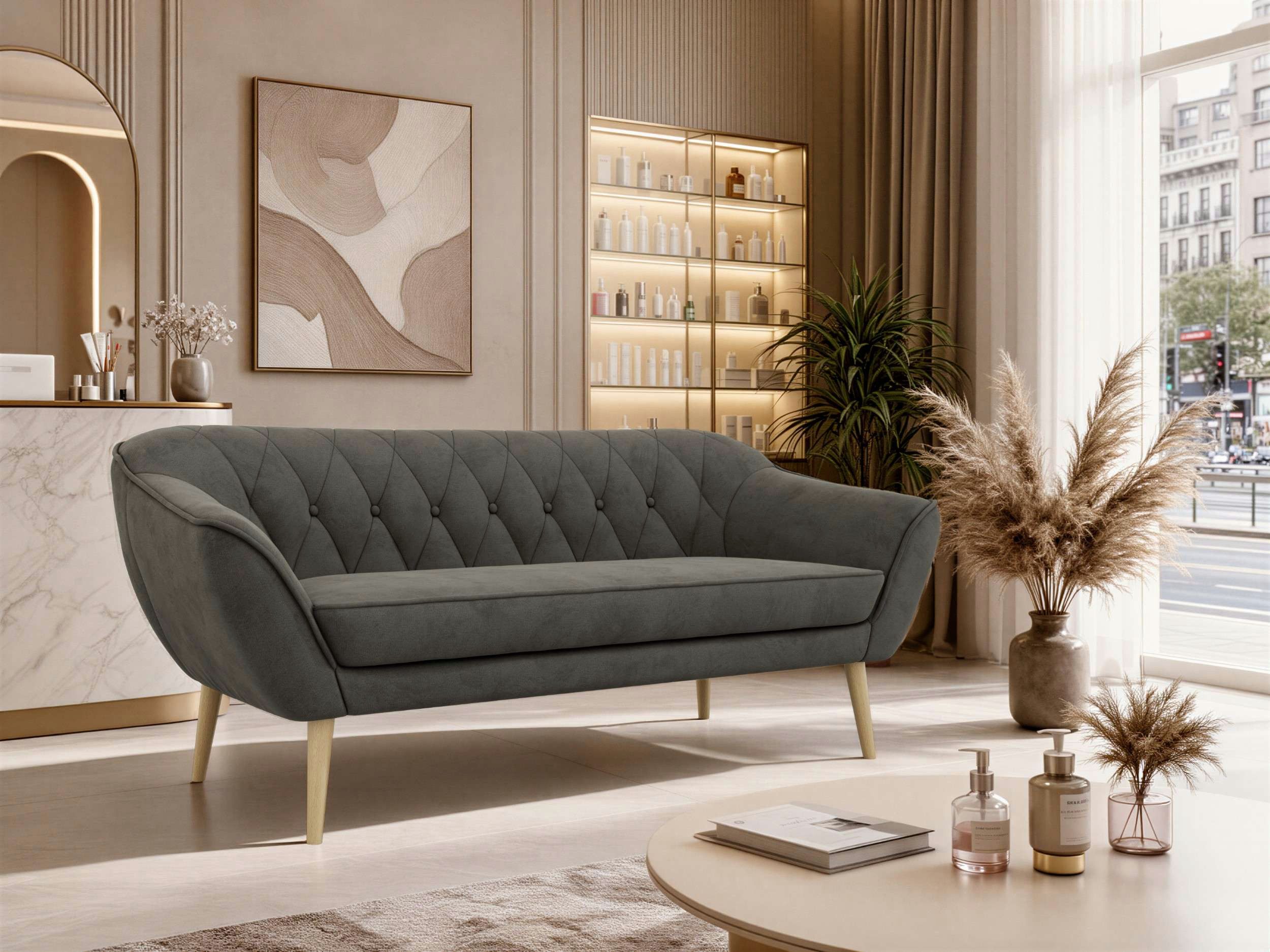 MKS MÖBEL Sofa PIRS, 3-Sitzer, Design mit Steppung, Wellenfederung, Scandi-Design, Füße wählbar