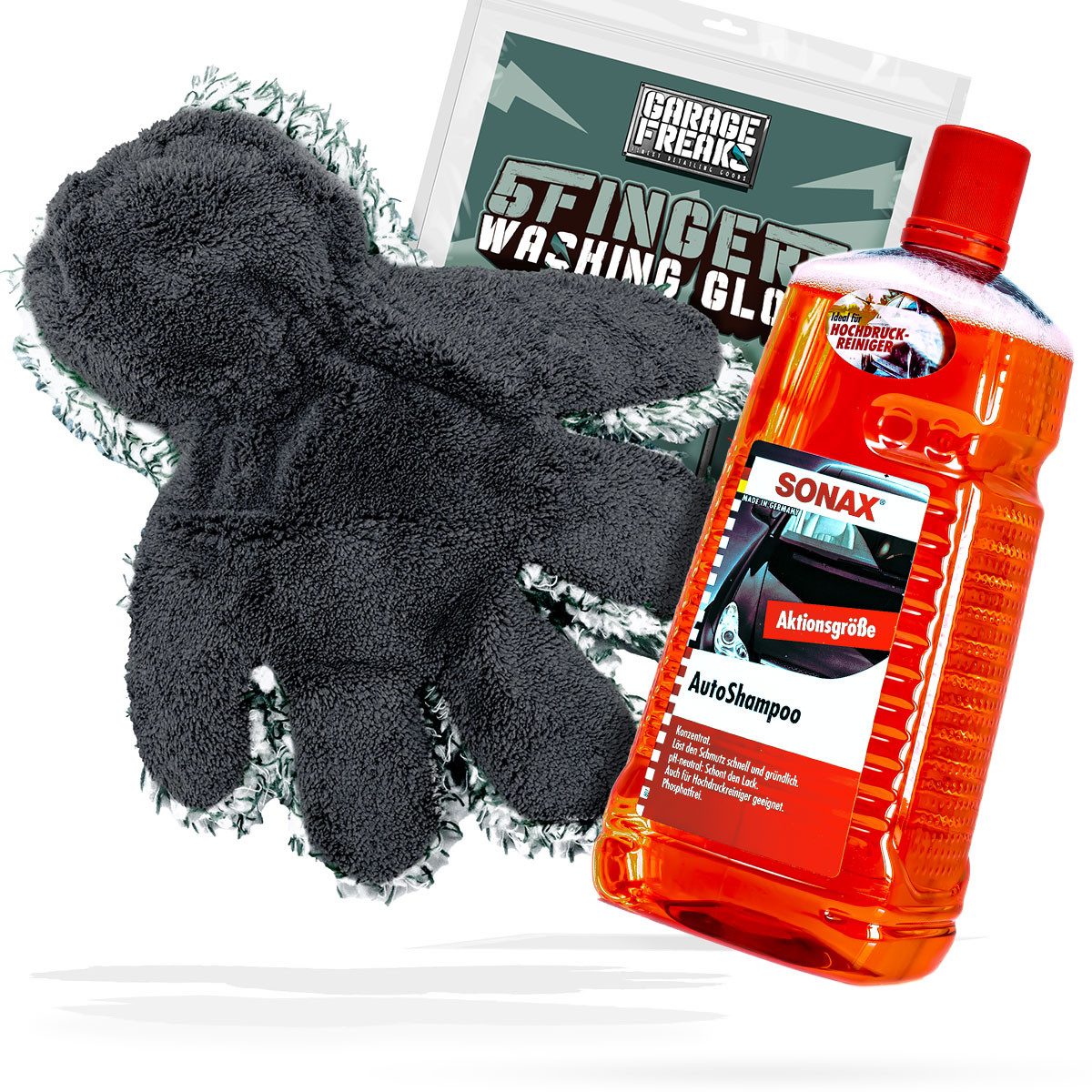 detailmate Garage Freaks 5 Finger Waschhandschuh + Autoshampoo Autoshampoo (Set, [- Frottierhandschuh - Mikrofaser - Auto Reinigung Wasch Set)