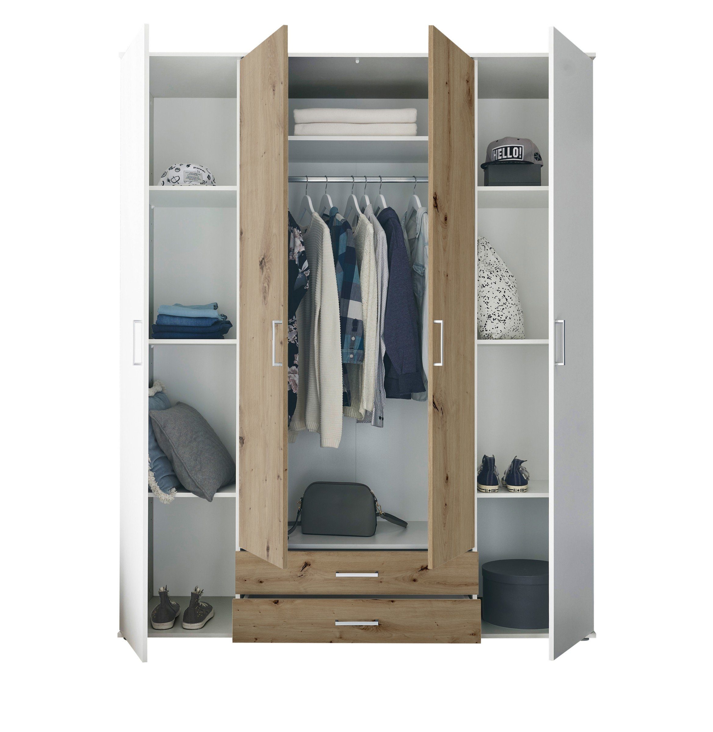 Pol-Power Kleiderschrank in Weiß / Artisan Eiche mit 2 Schubladen und 4 Türen (BxHxT: 160x196x54 cm)