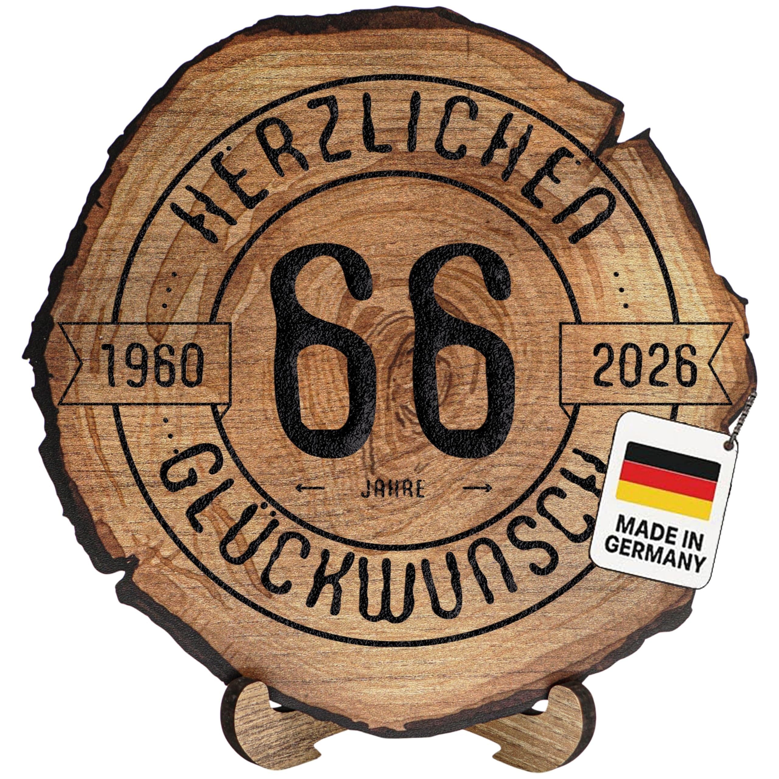 DARO Design Dekoobjekt Geburtstagsschild Holzscheibe Jubiläum Geschenk mit Gravur (Dekoration, 66. Geburtstag – 1960–2026), Ø 20 cm, 6 mm HDF