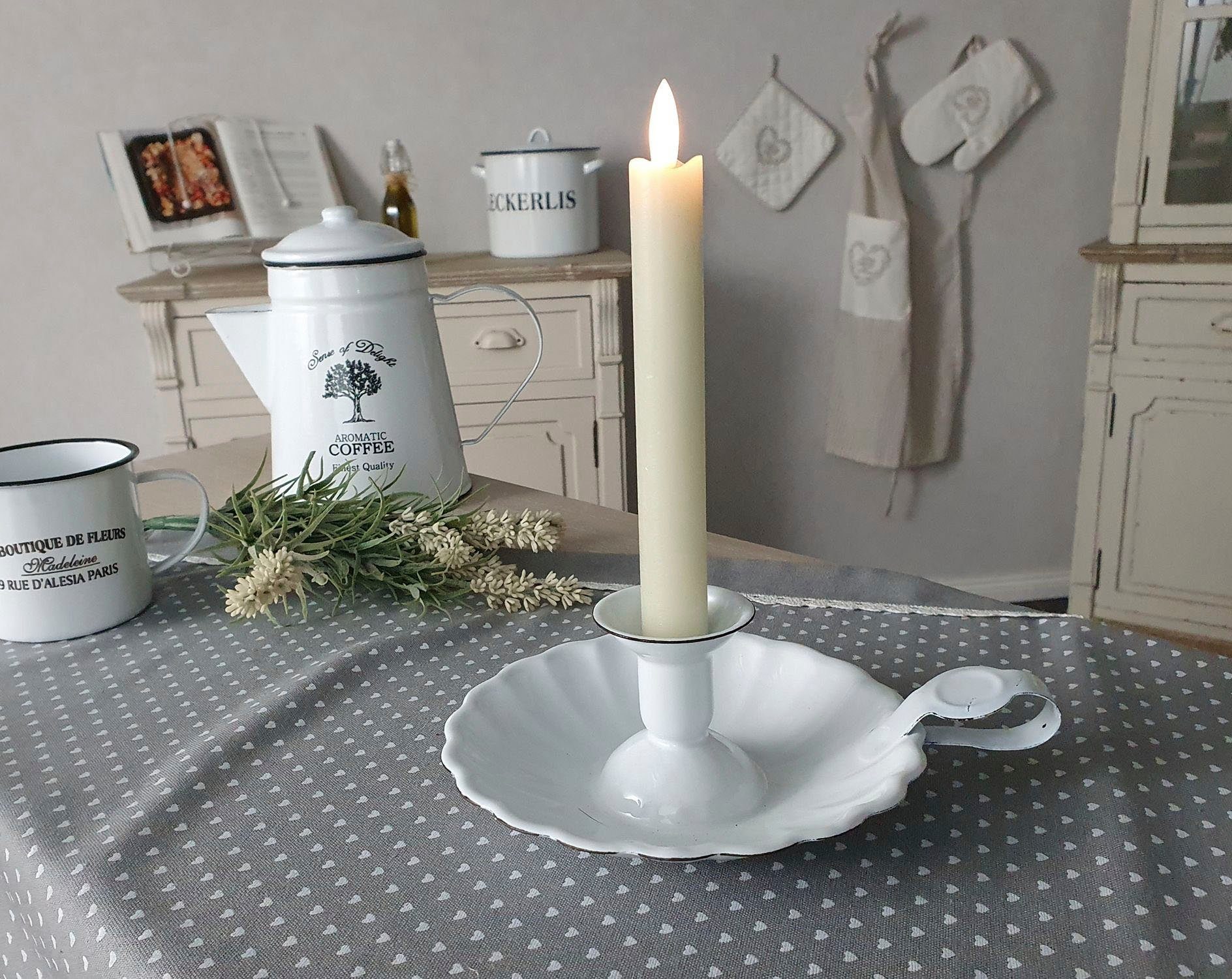 Ambiente Haus Kerzenständer Kerzenhalter aus Emaille in Antikweiß (1 St), mit Tropfschale und Schlaufgriff