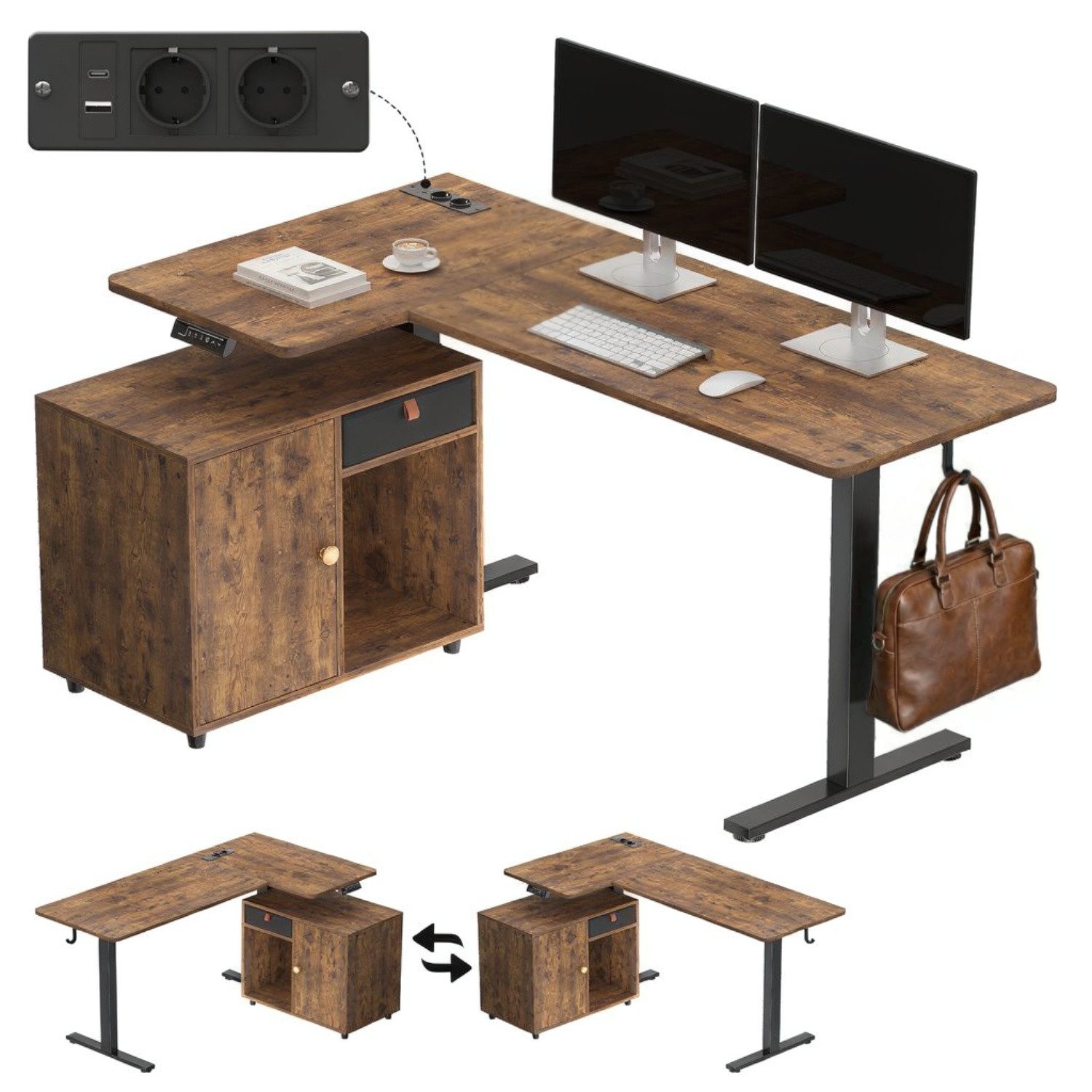 HOMALL Eckschreibtisch L-förmig Höhenverstellbarer schreibtisch mit Schrank und Schublade (Maße: 148 x 80 cm, mit integrierter Steckdose und USB-Anschluss, großzügiger Stauraum: mit Schubladen, Schränken und offenen Ablagefächern, maximale Tragkraft 70 kg)