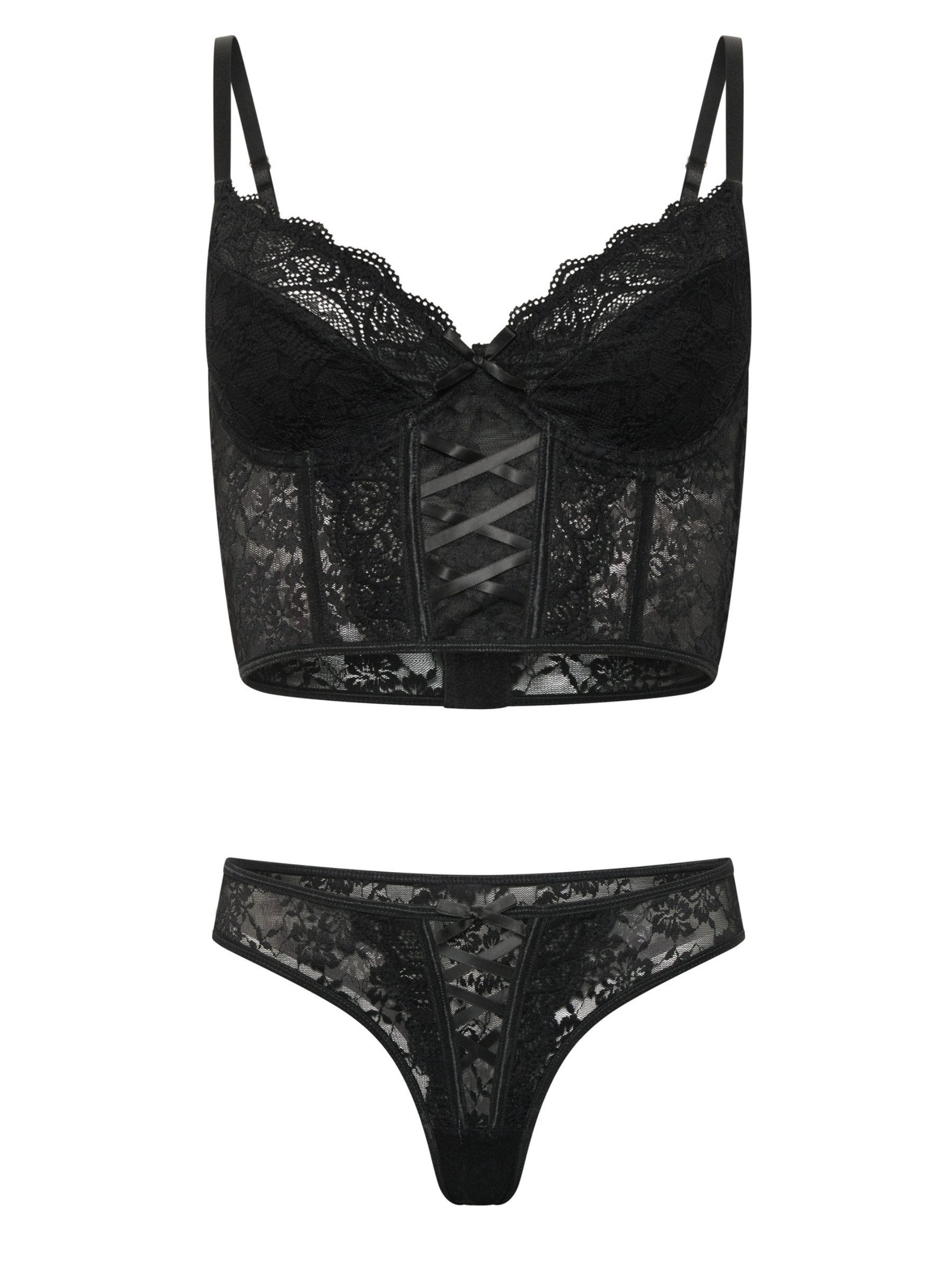 Elegant Love Set: Longline-BH Dessous-Set für Damen – BH mit String-Slip (Set, 2-tlg., mit Tanga) Lingerie aus Spitze – Sexy Damenunterwäsche - Reizwäsche