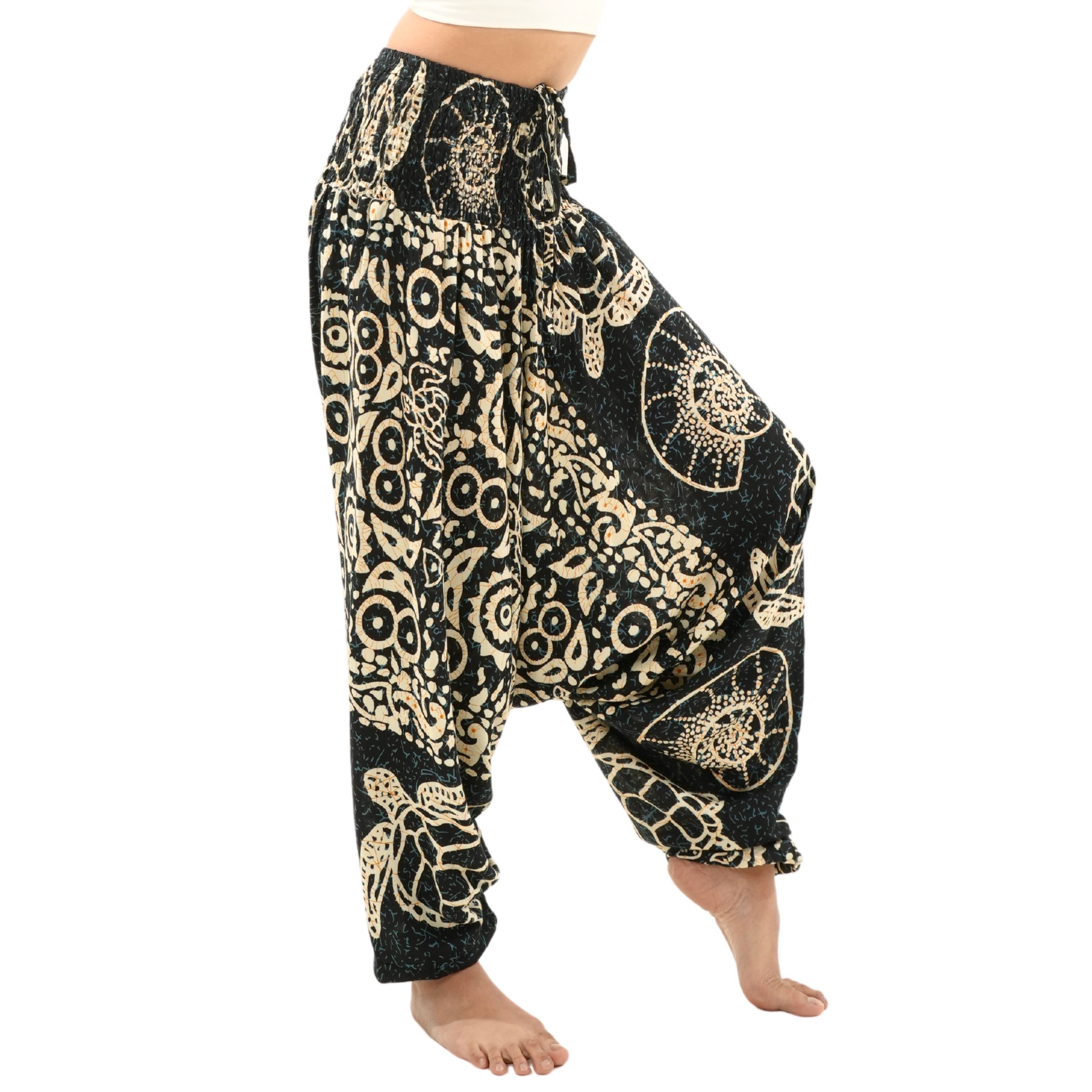 PANASIAM Haremshose Aladinhose aus 100% Viskose weite Haremshose mit breitem Gummibund tropische Genie Hose Buddha Hose Relaxhose lockere Sommerhose Pumphose