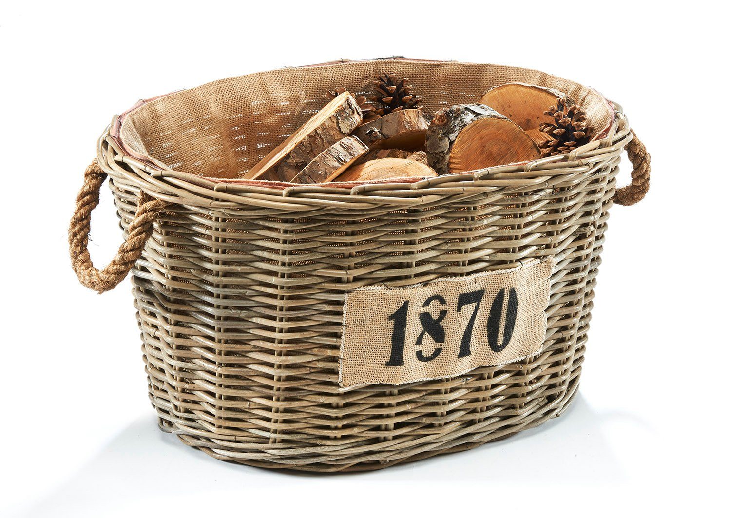 Kaminholzkorb Holzkorb für Kaminholz oval - Rattan grau - Jutestoff günstig online kaufen