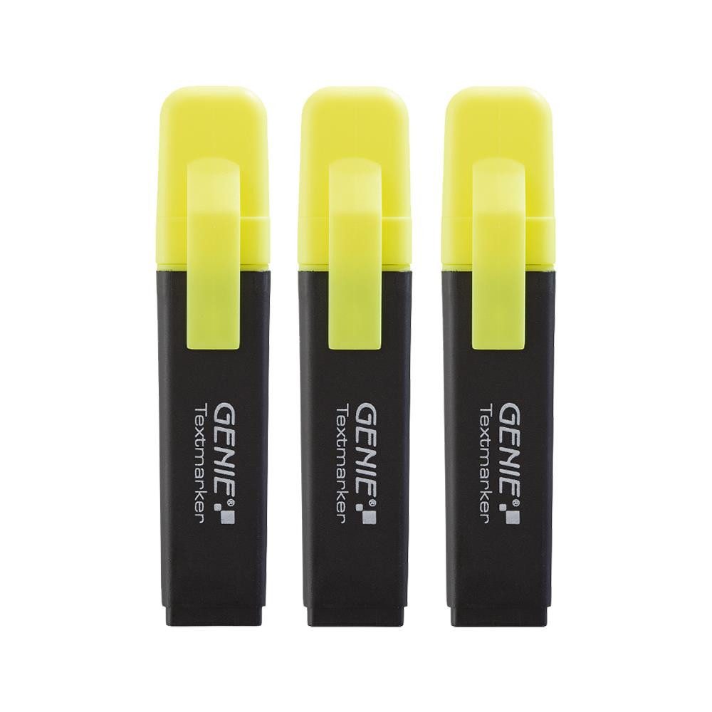 GENIE Marker Textmarker, (Schreibwaren-Set, 4-tlg., 3 neongelbe Marker und PVC-Aufbewahrungstasche), Keilspitze, 1–5 mm Strichbreite, wasserbasierte Tinte