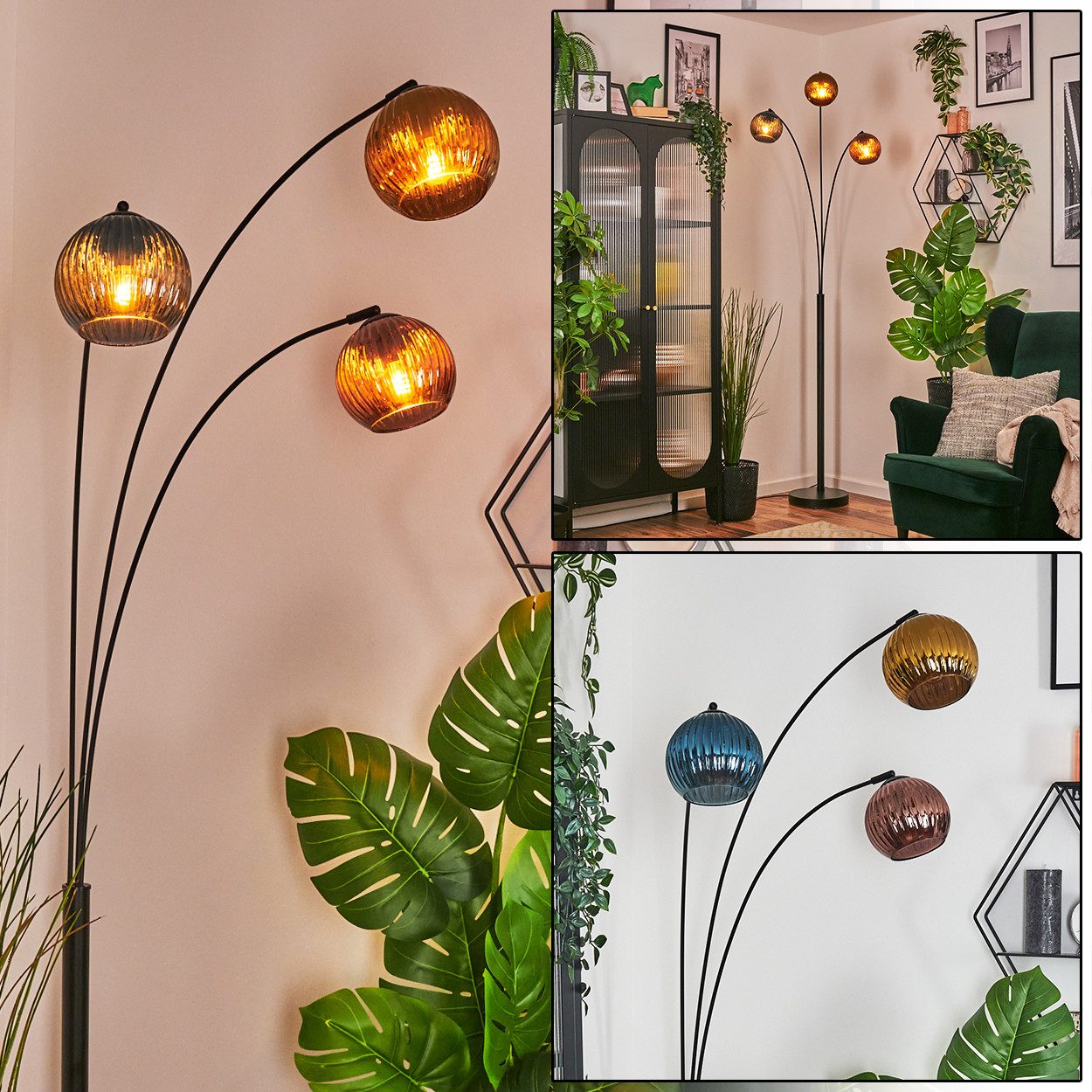 hofstein Stehlampe Stehlampe aus Metall/Riffelglas in Schwarz/Blau/Gold-/Kupferfarben, verstellbare Stehleuchte im Vintage-Design, Fußschalter, 210 cm, 3xE14