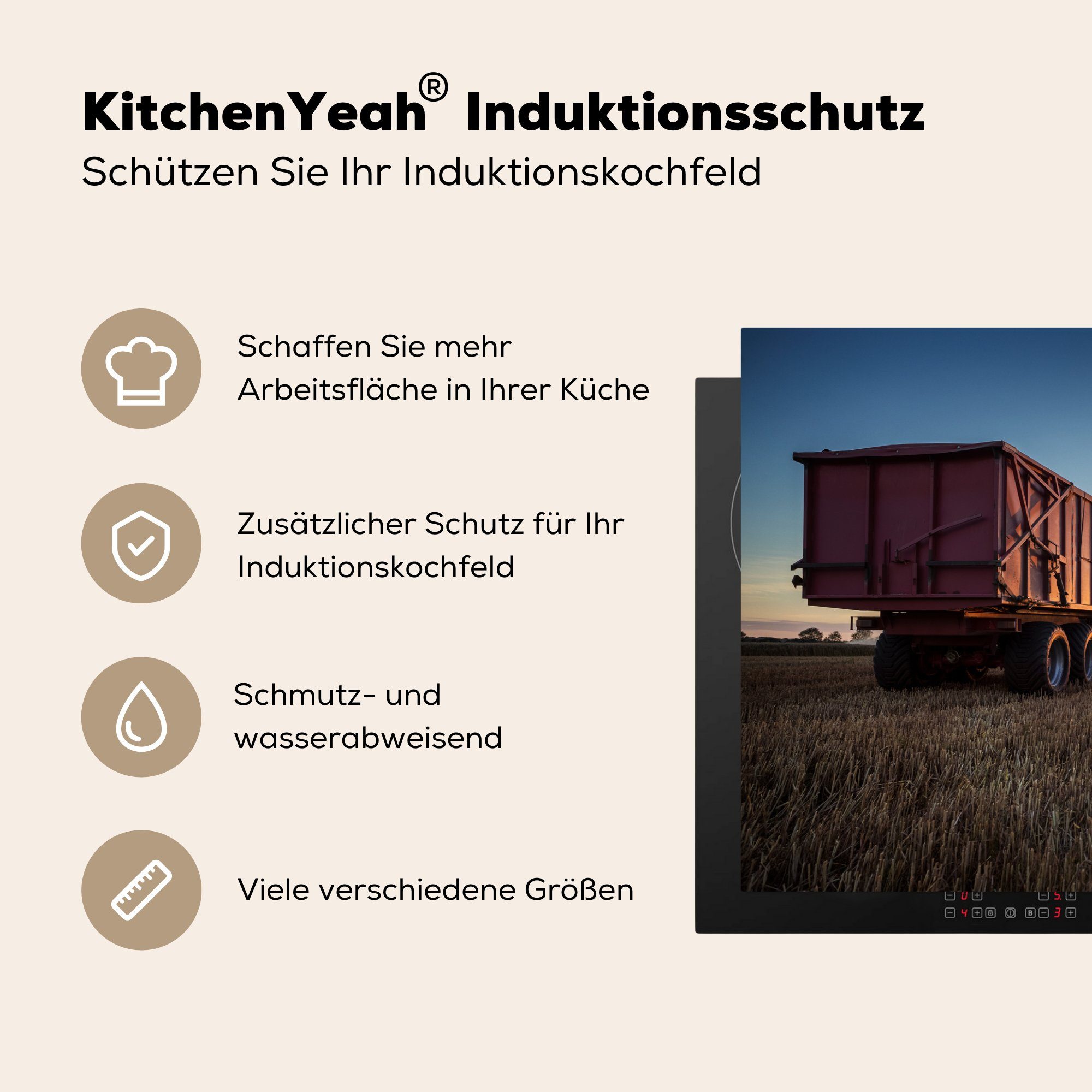 MuchoWow Herdblende-/Abdeckplatte Traktor - Grün - 77x51 - Ceranfeldabdeckung, - für Vinyl, Grün Sonnenuntergang küche Landleben, tlg), Arbeitsplatte - (1 cm, Horizont