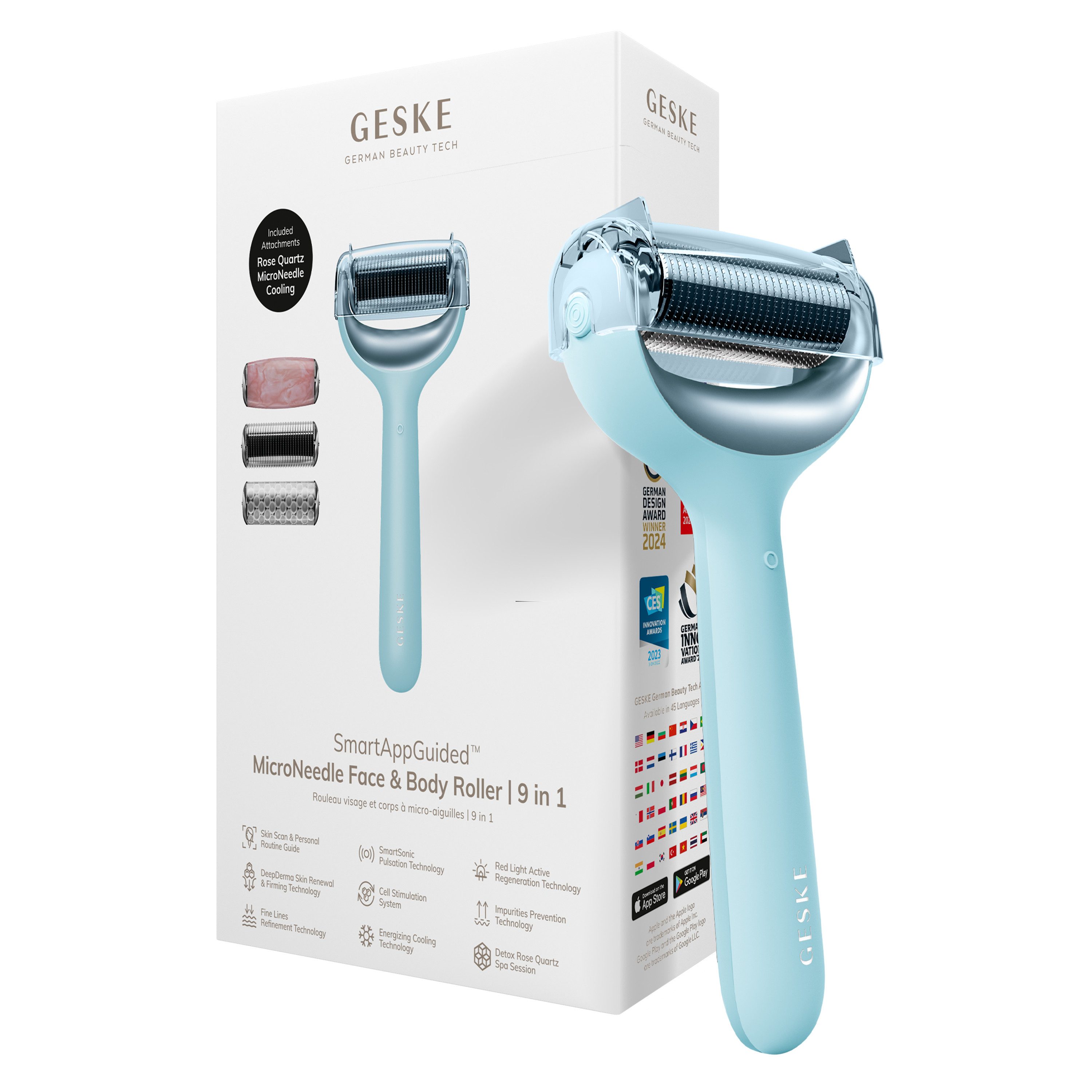 GESKE German Beauty Tech Micro-Needling SmartAppGuided™ MicroNeedle Face & Body Roller 9 in 1, Packung (Gerät & USB-Ladekabel), 5-tlg., Gerät inkl. kostenloser APP (SmartAppGuided Device), Mit der GESKE App erhältst Du deine personalisierte Hautpflegeroutine.