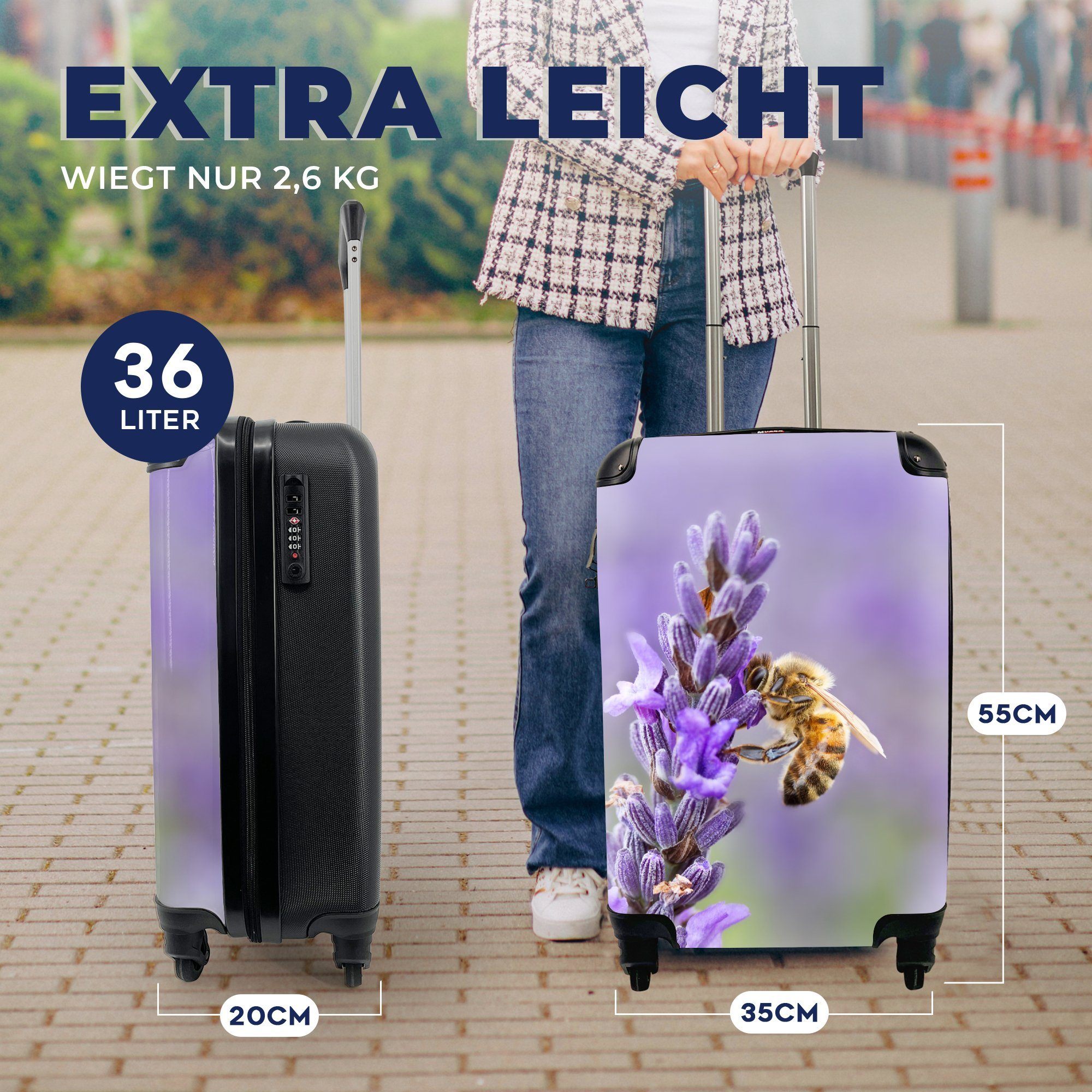 Reisetasche Reisekoffer Ferien, Handgepäck Trolley, Handgepäckkoffer mit Lavendel, für rollen, Biene auf 4 MuchoWow Rollen,