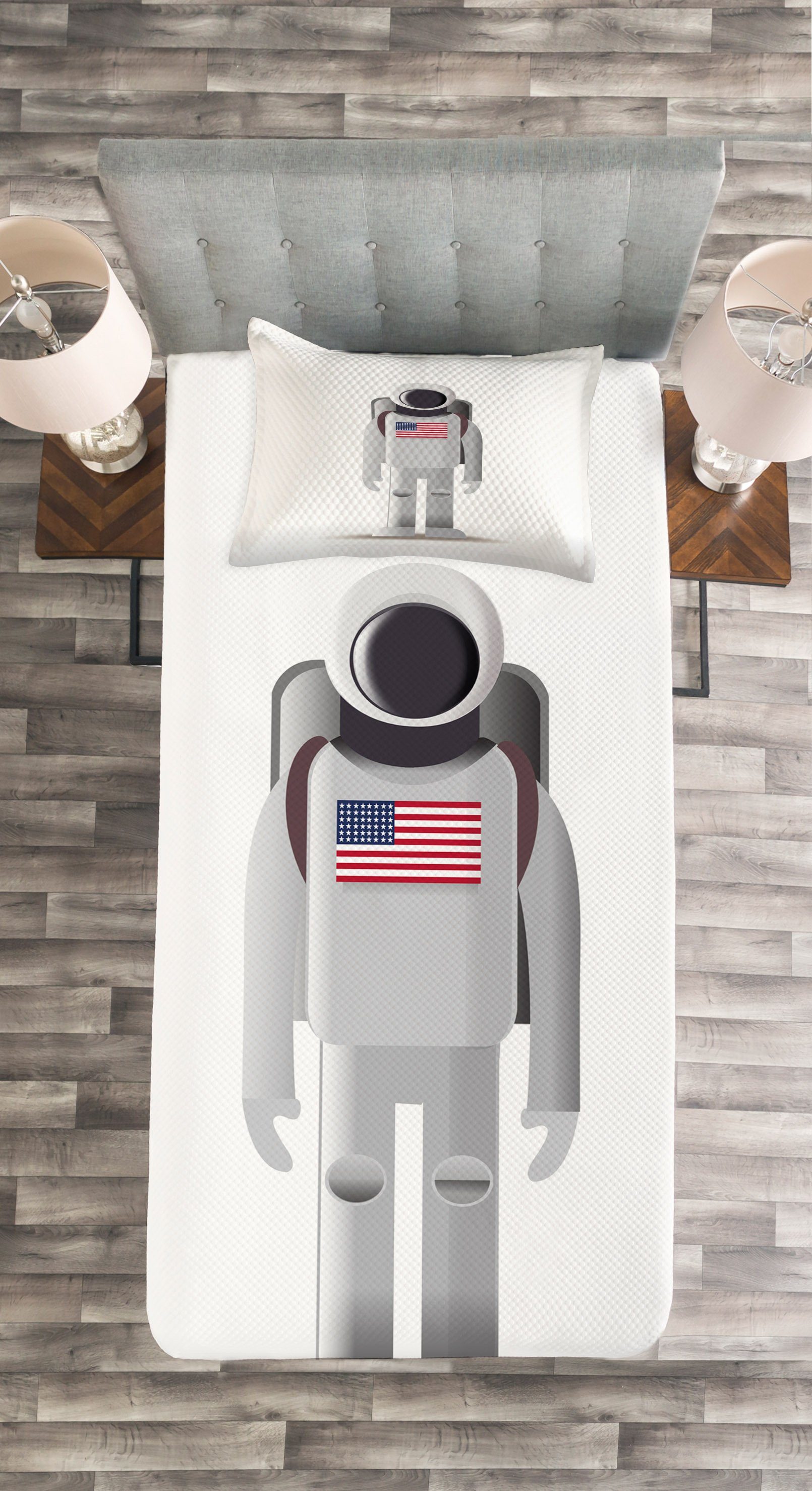 Amerikanische Abakuhaus, Tagesdecke Set mit Astronaut Kissenbezügen Flagge Spaceman Waschbar,