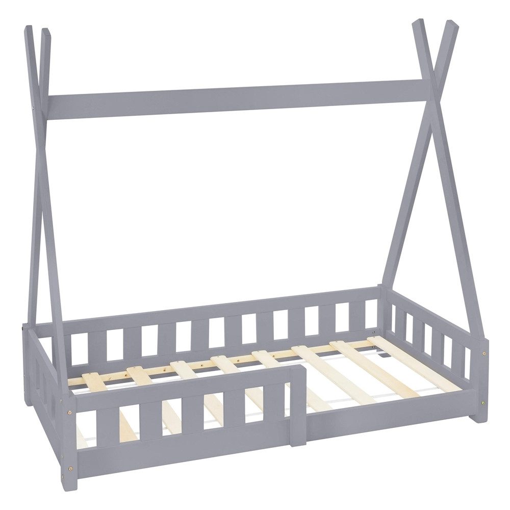 ML-DESIGN Spielbett Hausbett Tipi Zeltbett inkl. Lattenrost Bodenbett Kinder Himmelbett, Abenteuerbett mit Rausfallschutz Zelt Bett Kiefer Grau Kinderhaus