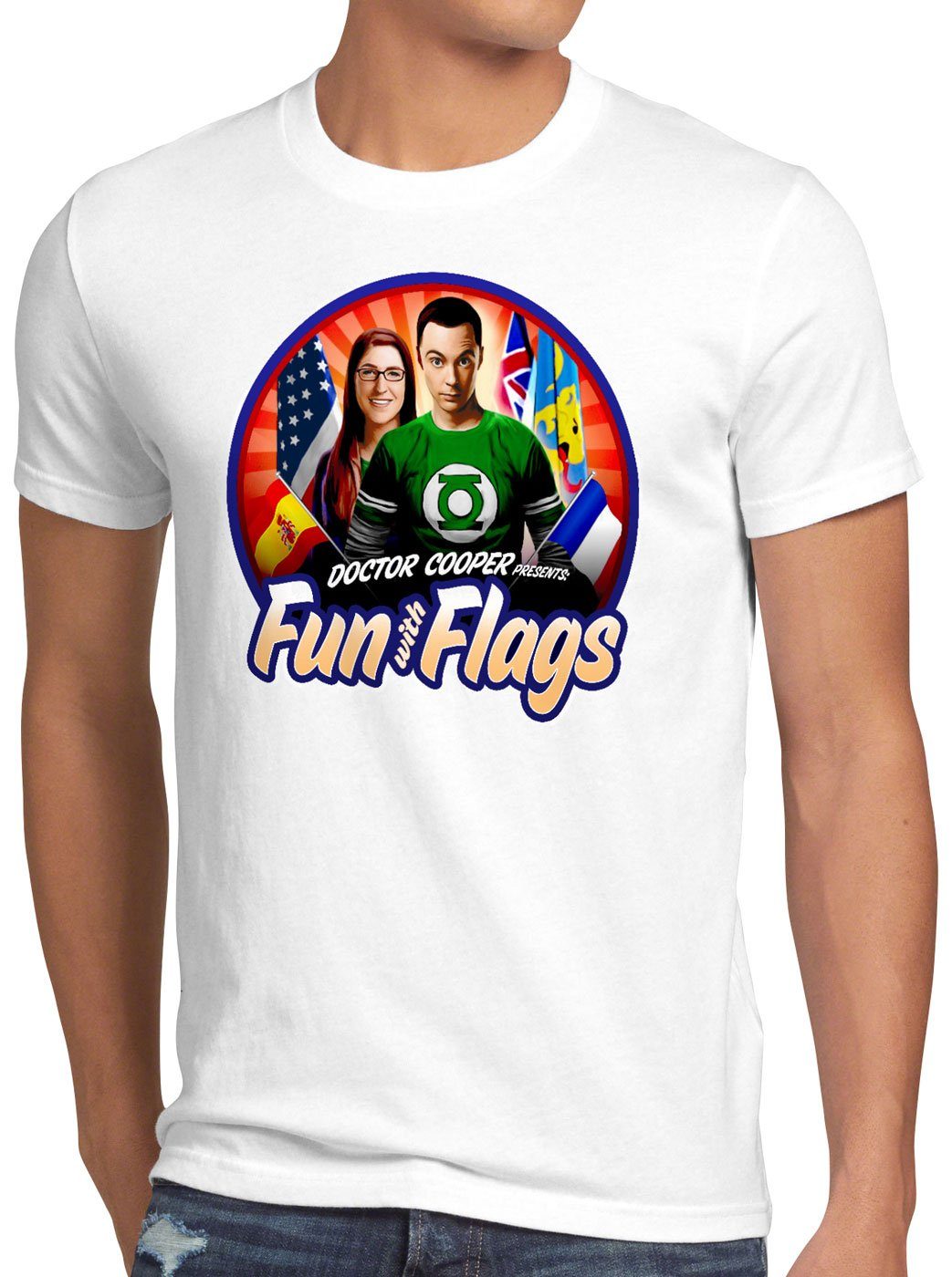 style3 Print-Shirt Herren T-Shirt Fun wih Flags sheldon flagge fahne banner amy weiß