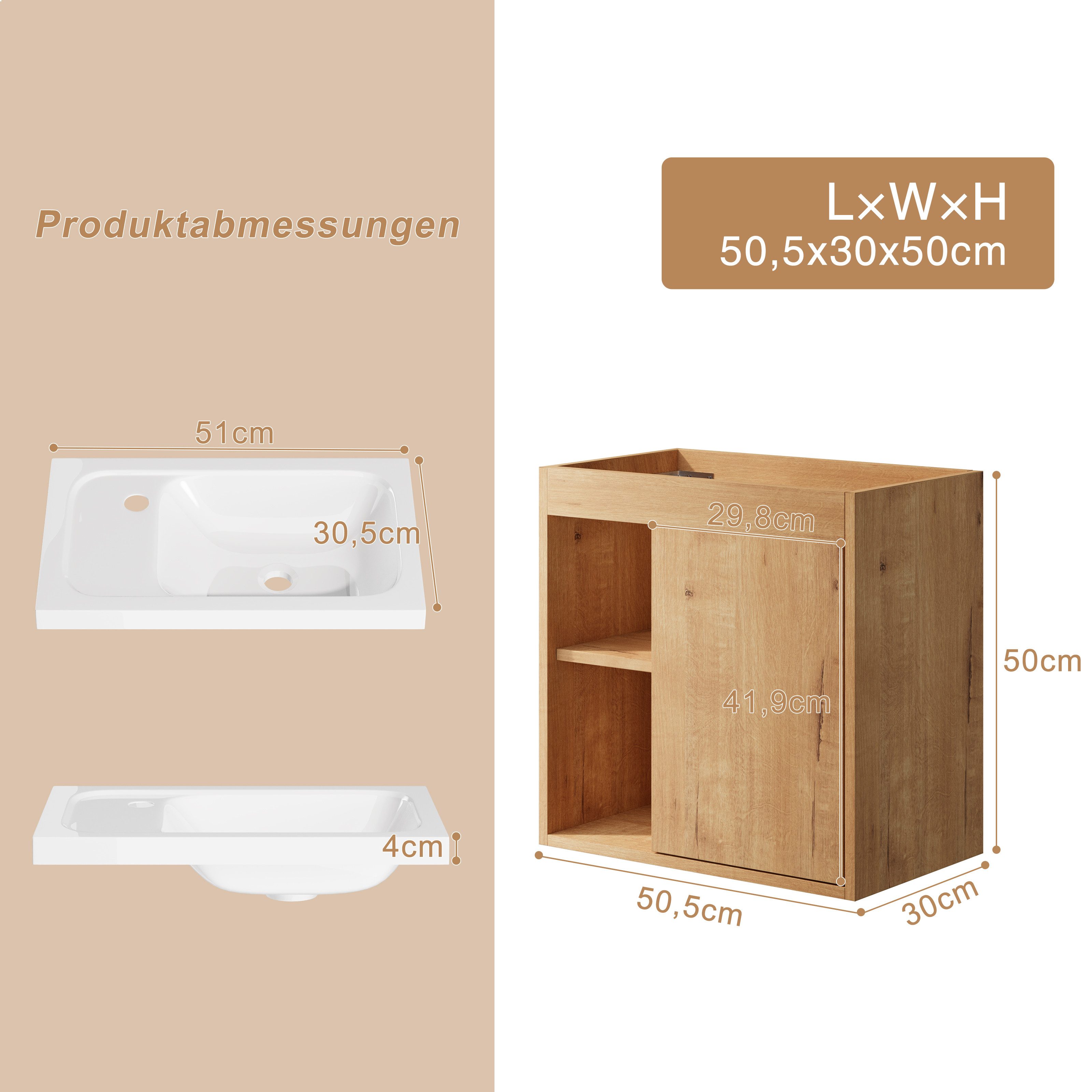UEV Waschtisch klein Waschbecken mit Unterschrank set Badmöbel Gäste-WC (Breit 50cm, Komplett-Set, Badezimmmer Schrank für Gäste WC, Unterschrank mit Harzbecken – Bild 5 von 5