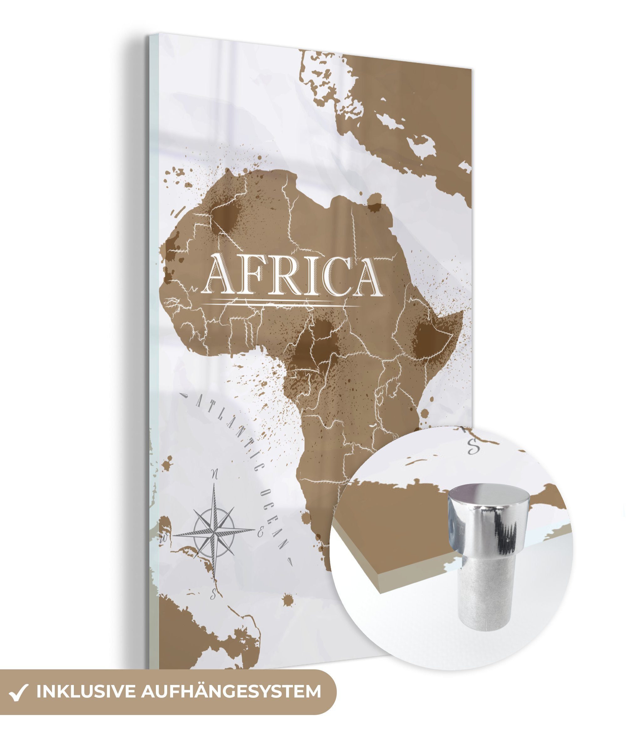 MuchoWow Acrylglasbild Weltkarte - Braun - Afrika, (1 St), Glasbilder - Bilder auf Glas Wandbild - Foto auf Glas - Wanddekoration