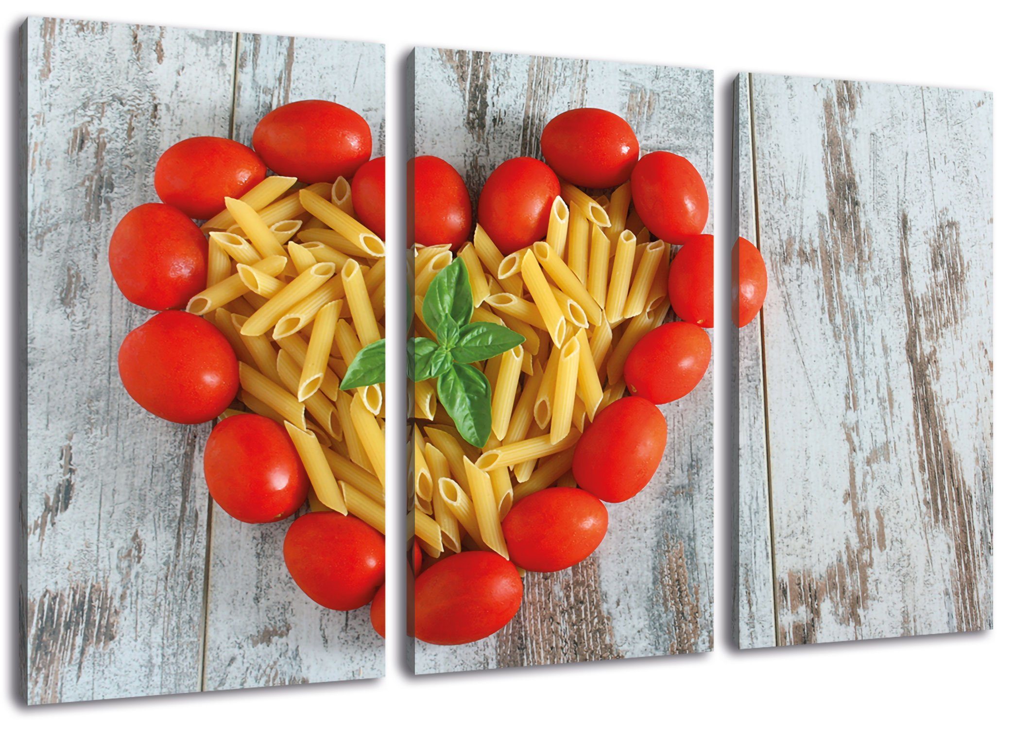 Pixxprint Leinwandbild Nudelherz mit Tomaten umrandet, Nudelherz mit Tomaten umrandet 3Teiler (120x80cm) (1 St), Leinwandbild fertig bespannt, inkl. Zackenaufhänger