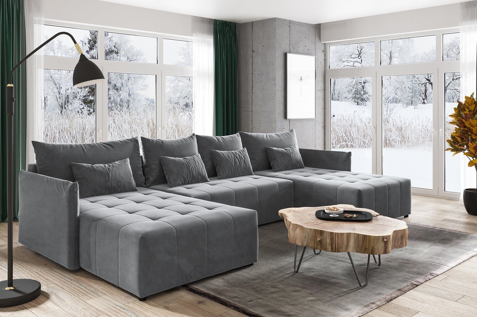 Beautysofa Ecksofa Ecksofa Schlaffsofa Ben U mit Schlaffunktion und Bettkasten Velour dunkelgrau