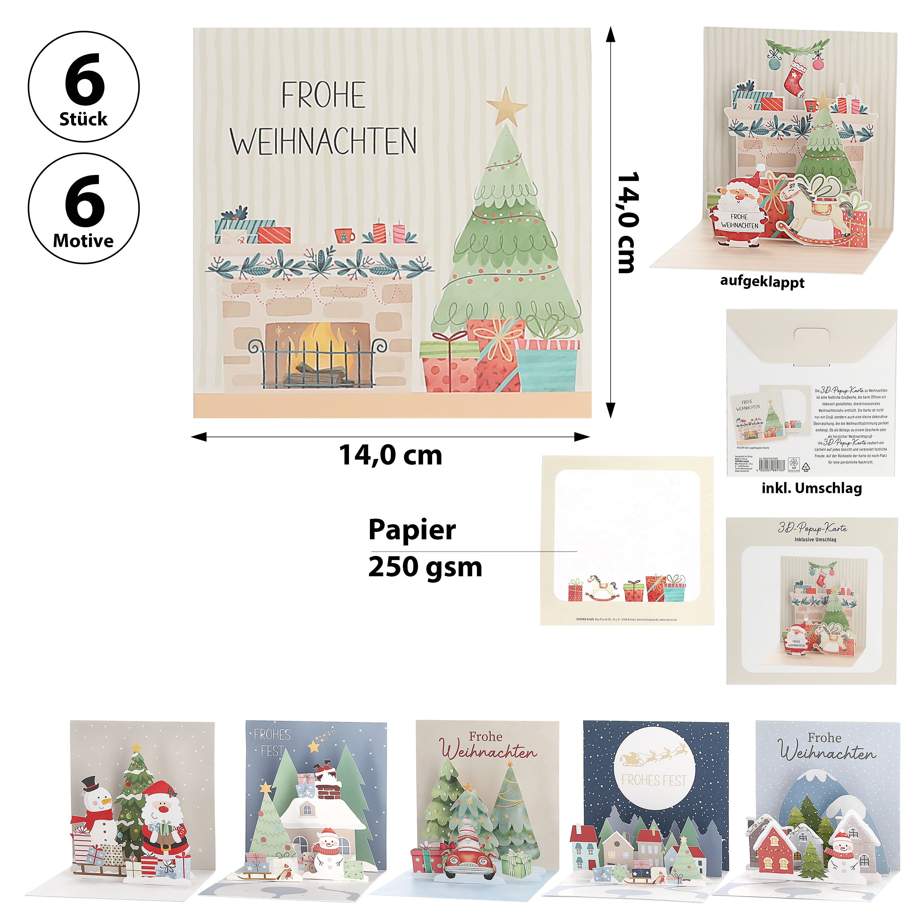 CEPEWA Weihnachtskarte Grußkarte 3D Pop-Up 6er Set 6 Motive Papier 250gsm 40x40cm Weihnachten