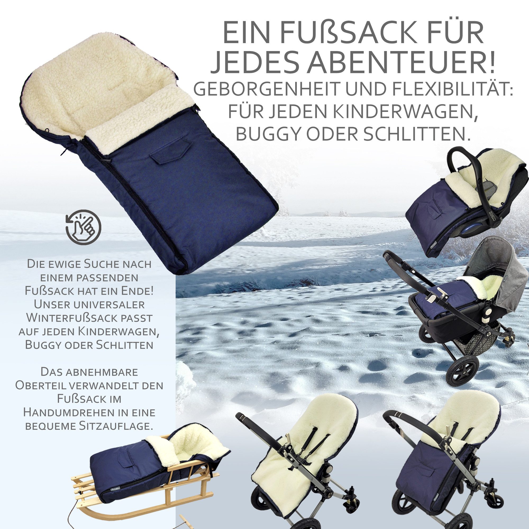 BambiniWelt by Rafael K. Schlitten CE-HOLZSCHLITTEN mit Rückenlehne Zugleine + WINTERFUßSACK Wolle 90cm, Kombi-Angebot