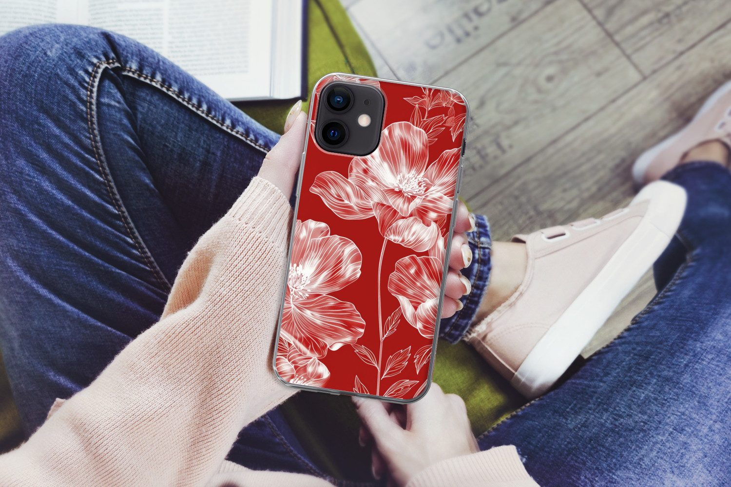 MuchoWow Handyhülle für Apple iPhone 12 mini Blumen - Muster - Rot - Weiß, Smartphone-Bumper, Print, Handy Schutzhülle Dünn