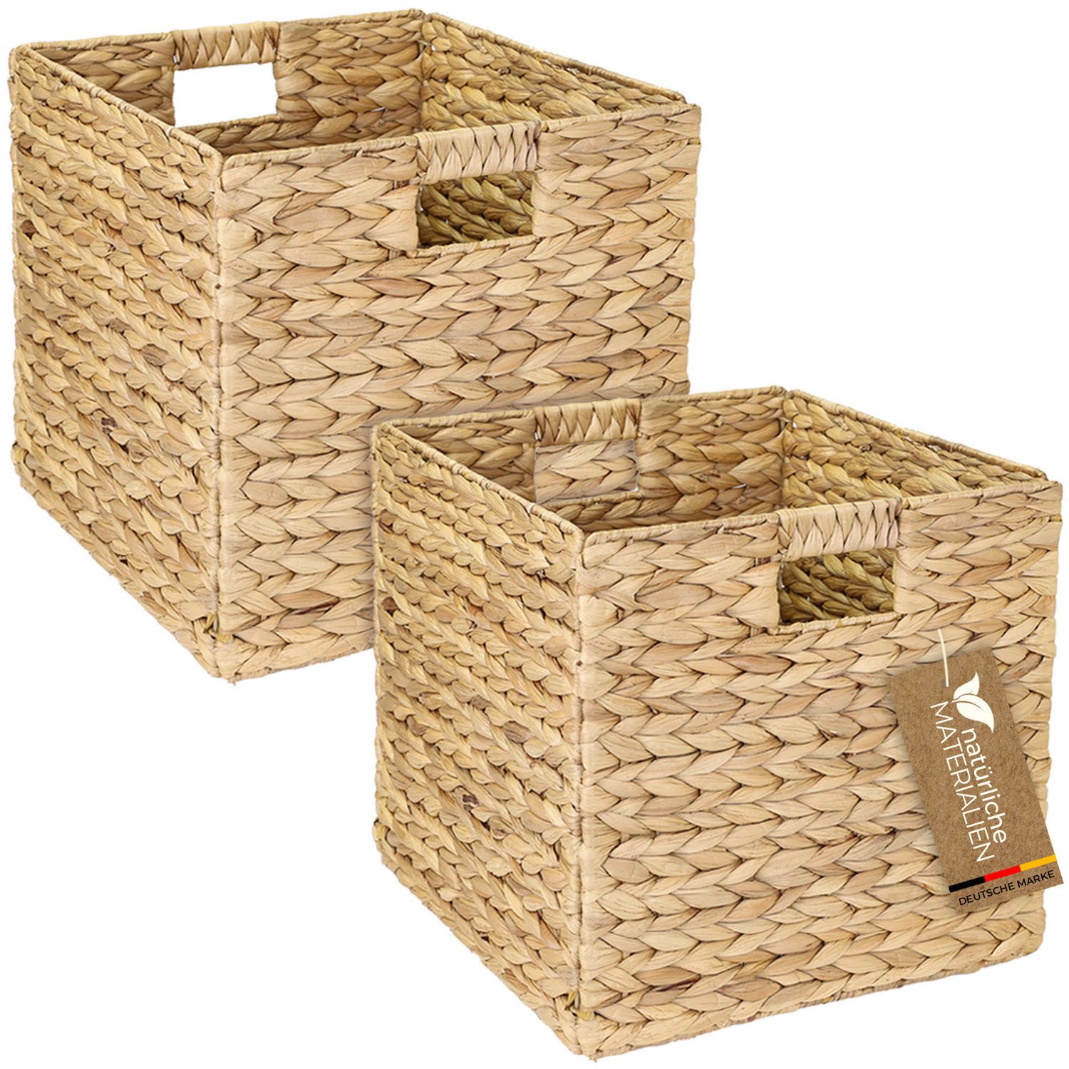 HMF Regalkorb Aufbewahrungskorb passend für KALLAX Regal, Korb geflochten aus, Wasserhyazinthe mit Griffen, 2er Set, 32 x 34,5 x 32 cm, Natur