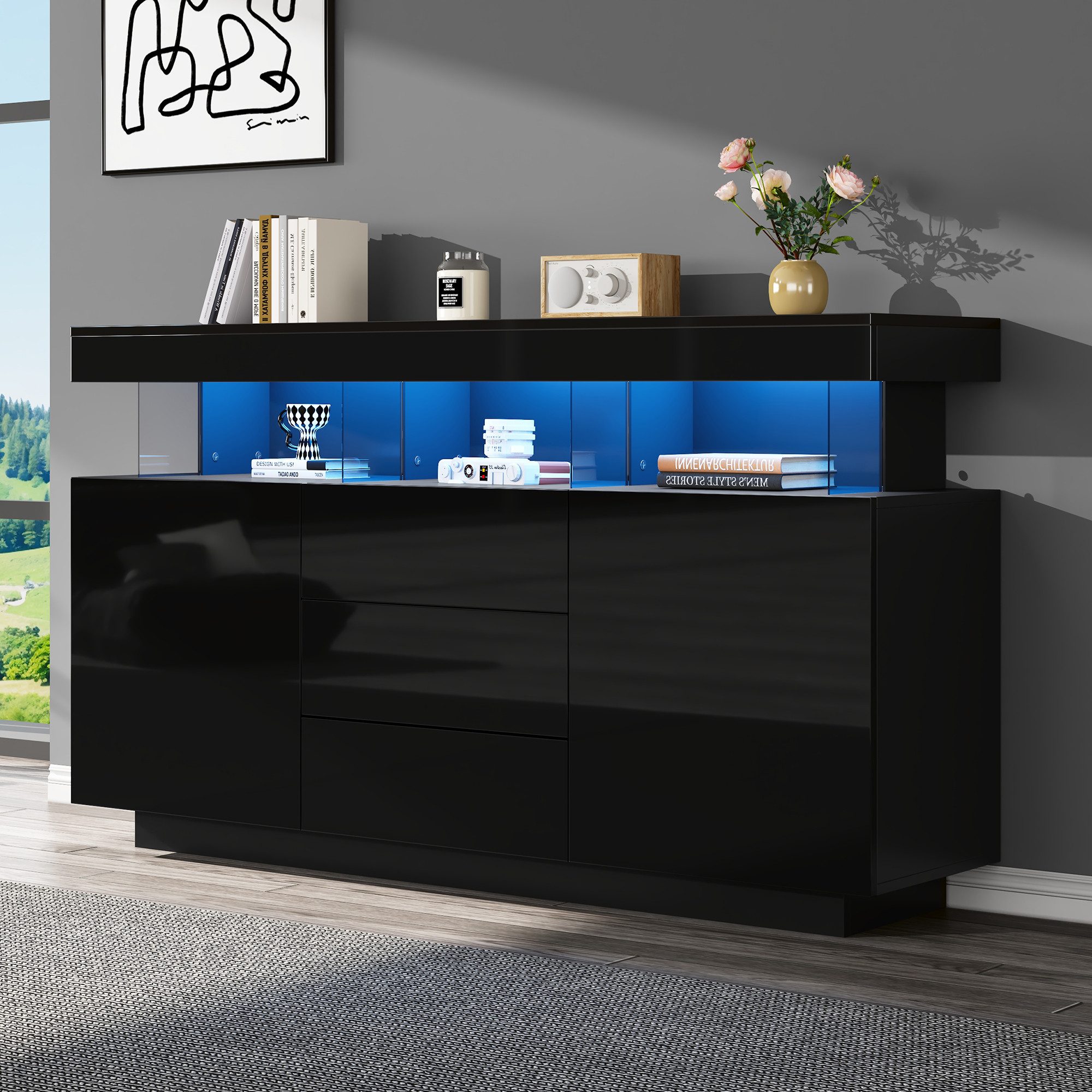 Merax Sideboard Hochglanz mit LED, Mehrzweckschrank aus Spanplatte & Acryl (1 St), Kommode mit 3 Schubladen und 2 Türen, Schrank Vitrine 140x35x80cm