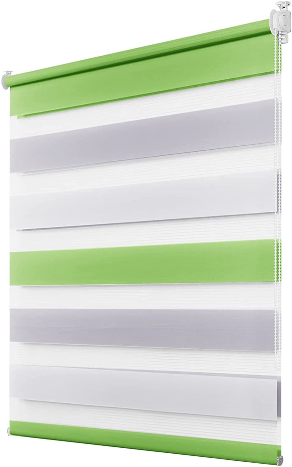 Doppelrollo Fensterrollos Ohne Bohren, Vkele, 130cm/160cm, klemmfix,klemmträger, Sonnenschutz, Lichtdurchlässig und Verdunkelnd. Grün-grau-Weiß