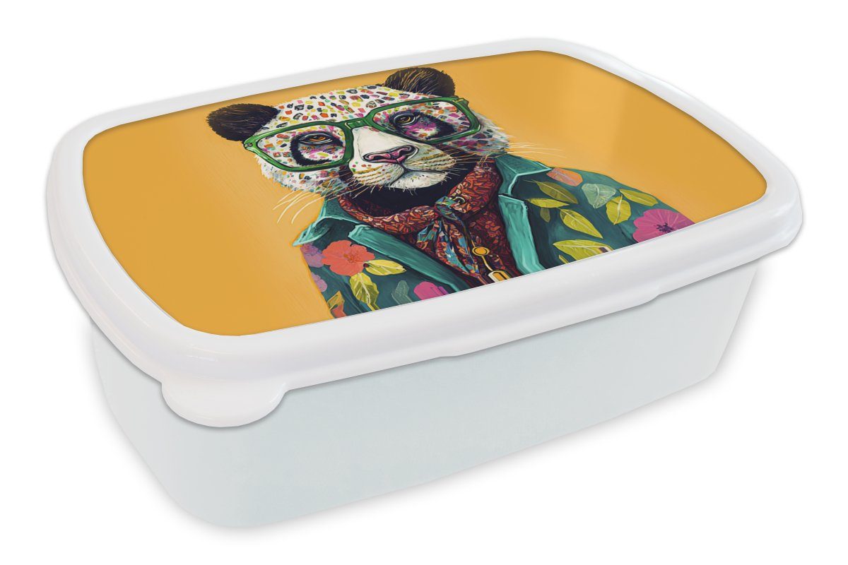 MuchoWow Lunchbox Panda - Brille - Hippie, Kunststoff, (2-tlg), Brotbox für Kinder und Erwachsene, Brotdose, für Jungs und Mädchen weiß
