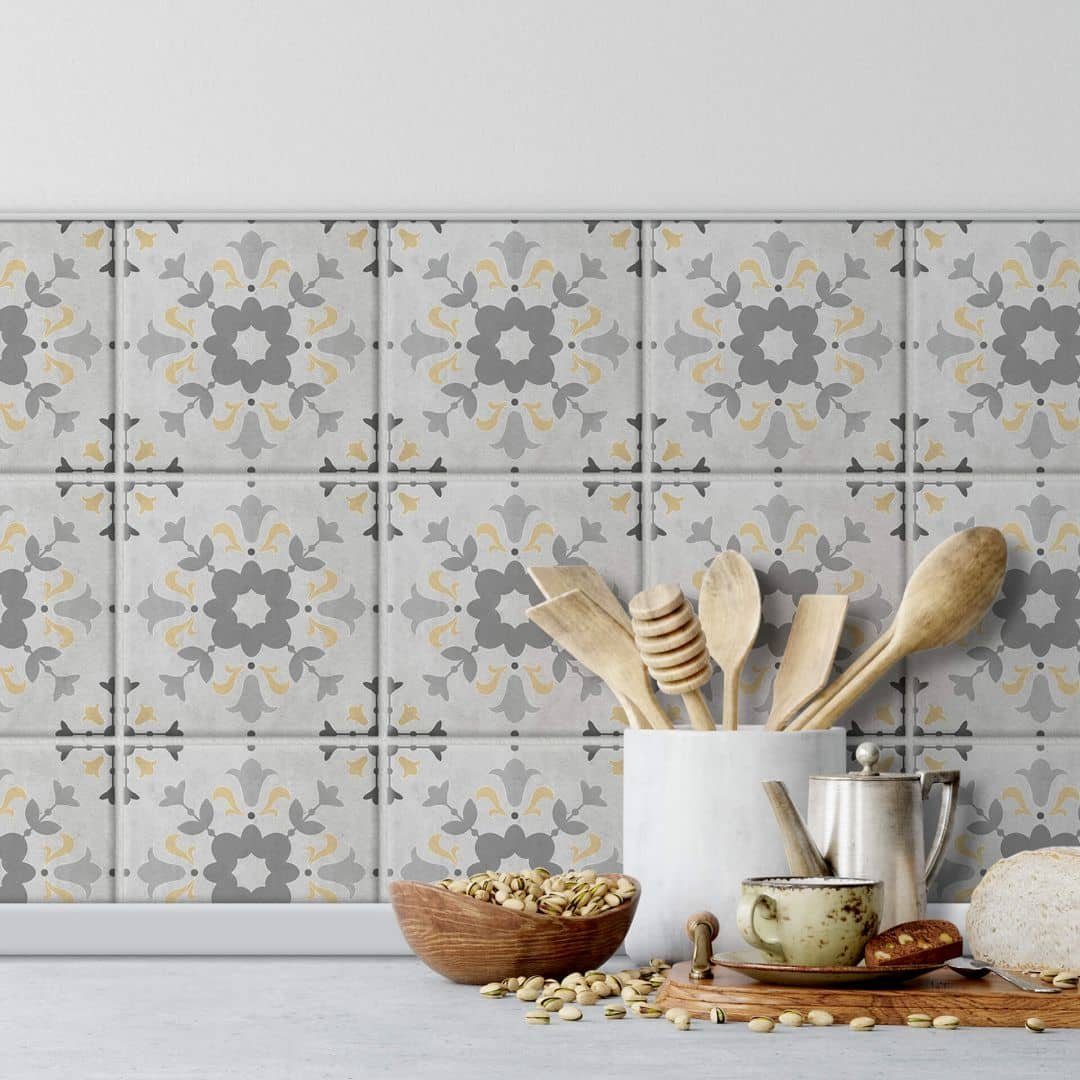 K&L Wall Art Fliesenaufkleber selbstklebend Klebefliese Sticker Blumen Ornament Beton Gelb