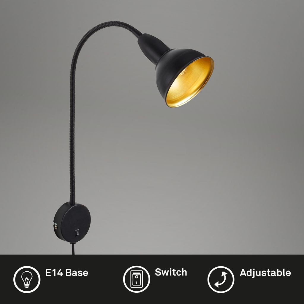 Briloner Leuchten Wandleuchte 2084-015, ohne Leuchtmittel, 2700K - Extra-Warmweiß, schwarz-gold, flexibler Arm, inkl. An/Aus Schalter, exkl. E14 max. 25W