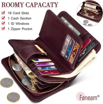 Faneam Geldbörse (Damen Groß Vintage Leder Geldbörse, Damen Portemonnaie mit RFID Schutz), mit Reißverschluss Kette und Lanyard