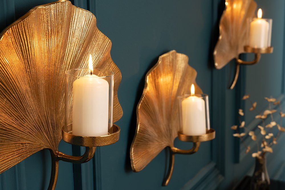 riess-ambiente Wandkerzenhalter GINKGO 44cm gold (Einzelartikel, 1 St), Wohnzimmer · Metall · Teelicht · Dekoration · handmade · Boho