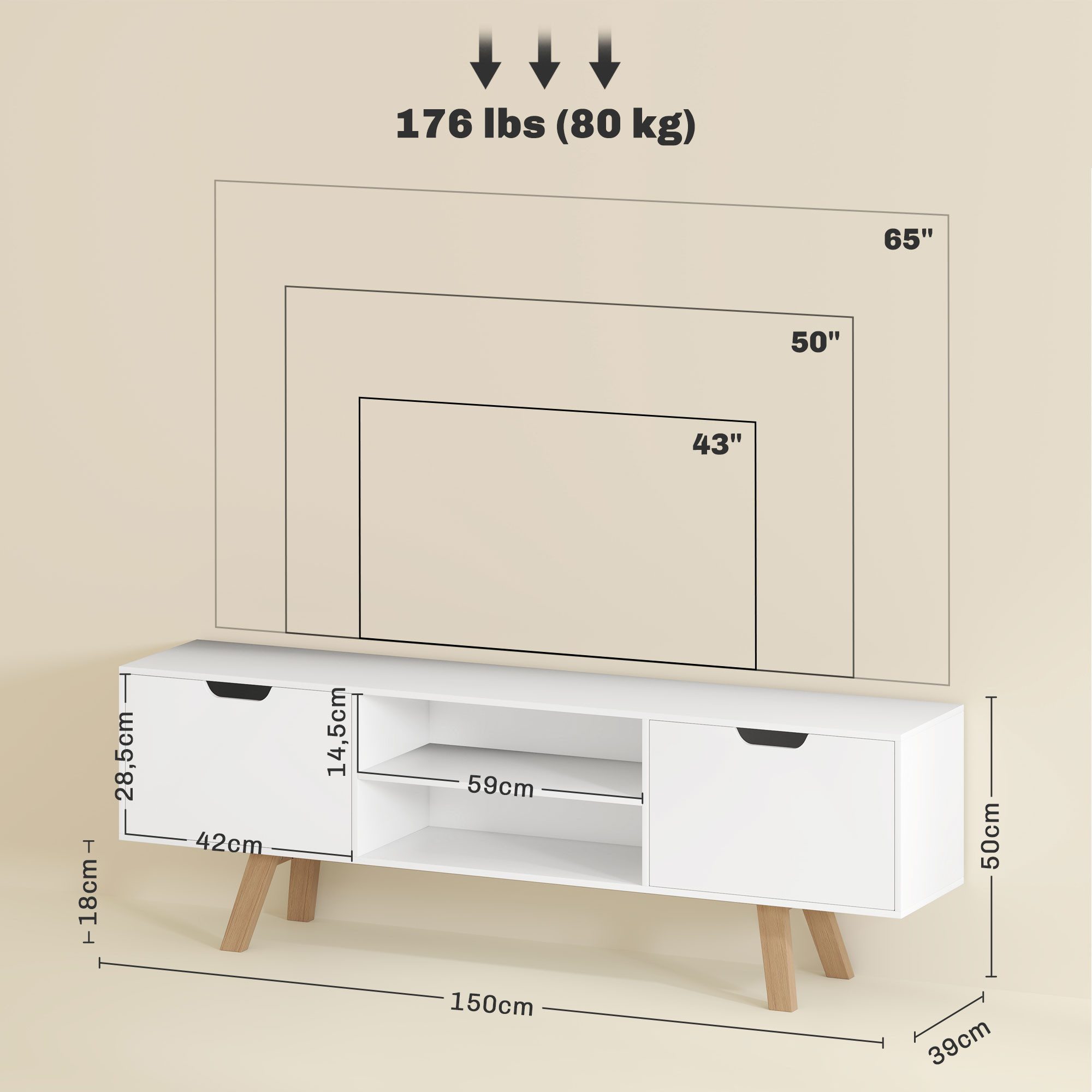 HOMCOM TV-Board für Fernseher bis zu 65 Zoll, mit 2 Schränken und 2 Regalebenen (Fernsehtisch, 1 St., TV-Schrank), für Wohnzimmer, 150 x 39 x 50 cm Weiß