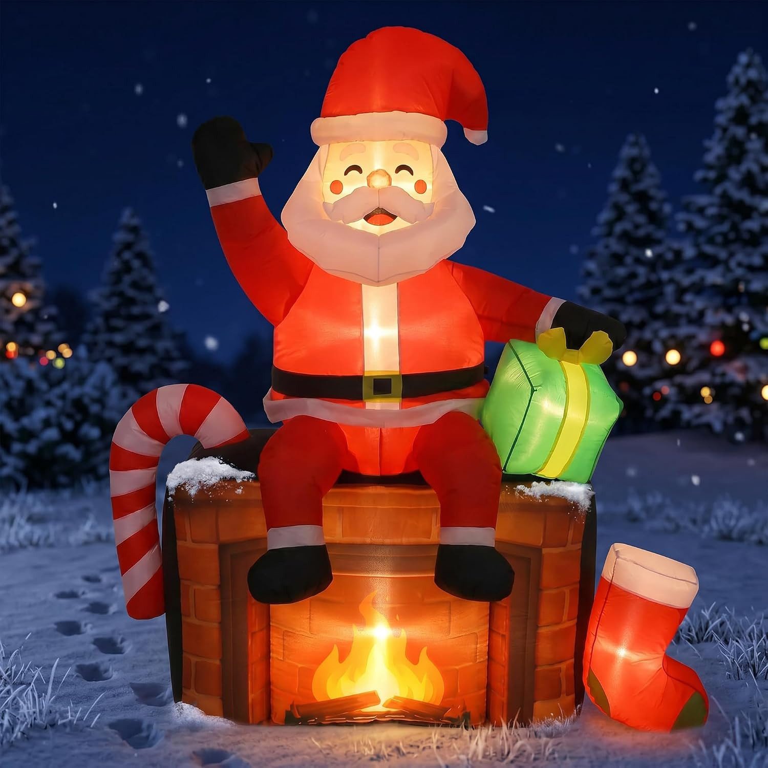 GarveeMore LED-Dekofigur 180 cm Aufblasbarer Weihnachtsmann auf Schornstein mit LED-Beleuchtung, 180 cm, aufblasbar, Weihnachtsmann, LED, Gebläse, Außenbereich