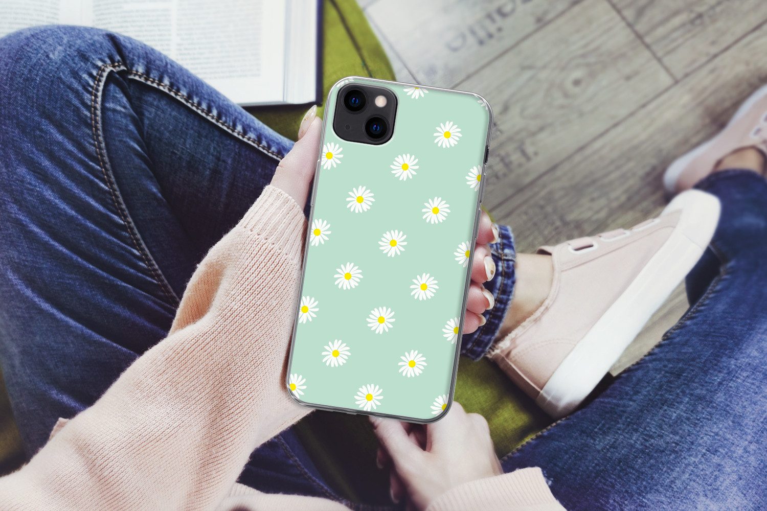 MuchoWow Handyhülle für Apple iPhone 13 mini Gänseblümchen - Pastell - Weiß - Grün - Flora, Smartphone-Bumper, Print, Handy Schutzhülle Dünn