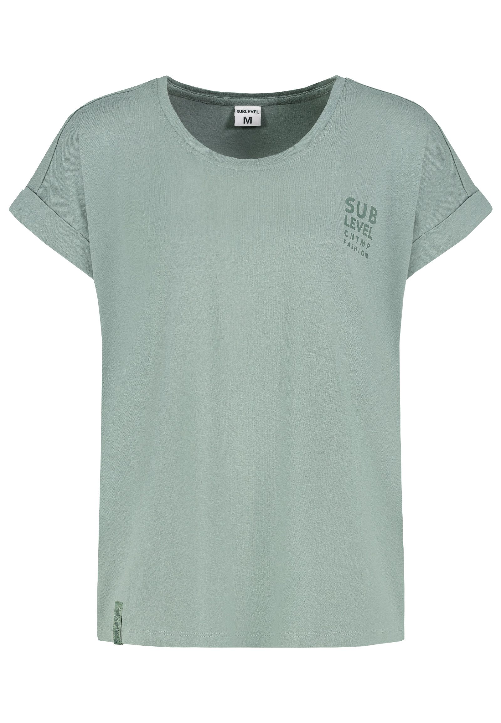 SUBLEVEL T-Shirt Damen Basic T-Shirt Logoprint Modal-Baumwolle T-Shirt mit Ärmelaufschlag