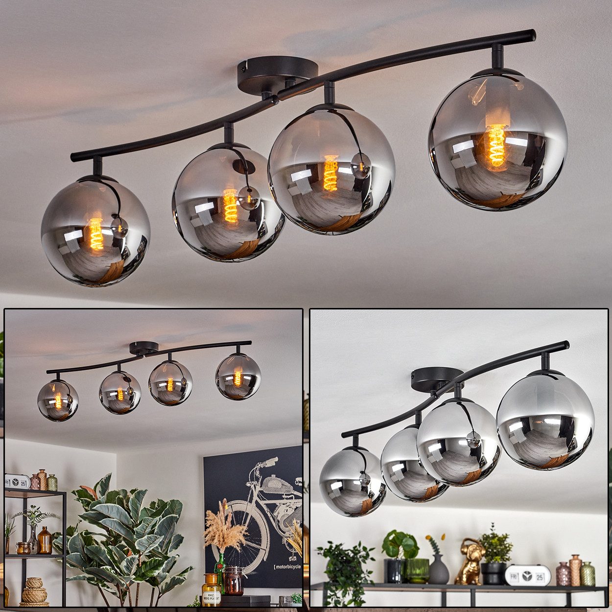 hofstein Deckenleuchte Deckenlampe aus Metall/Glas in Schwarz/Chromfarben, ohne Leuchtmittel, Glasschirme (15 cm), 4 x E14, ohne Leuchtmittel