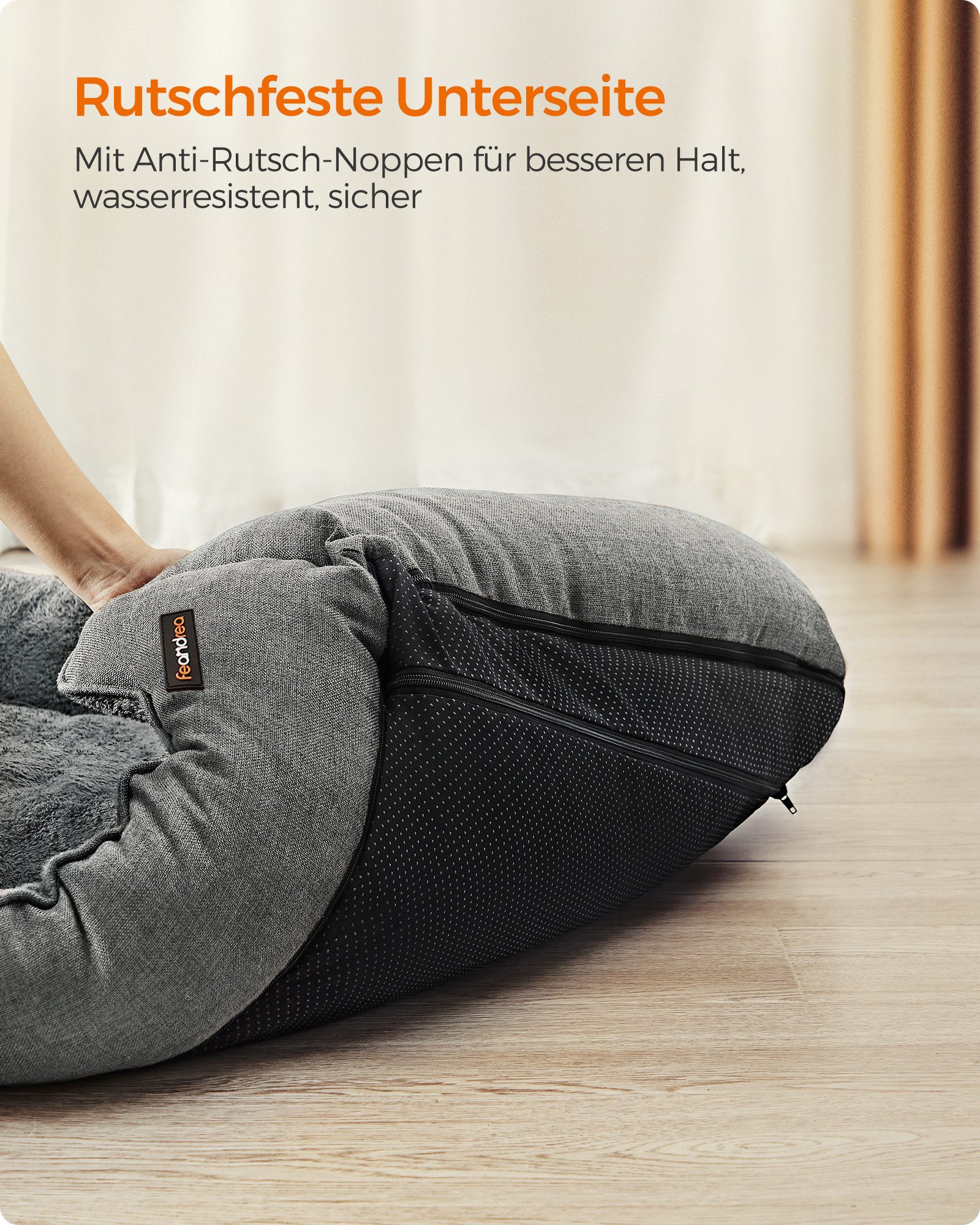 FEANDREA Hundebett Hundekissen in Leinenoptik, Hundekorb, XL, große Hunde, 100x75x25 cm, erhöhte Ränder, rutschfeste Unterseite, Bezug abnehmbar waschbar – Bild 5 von 5